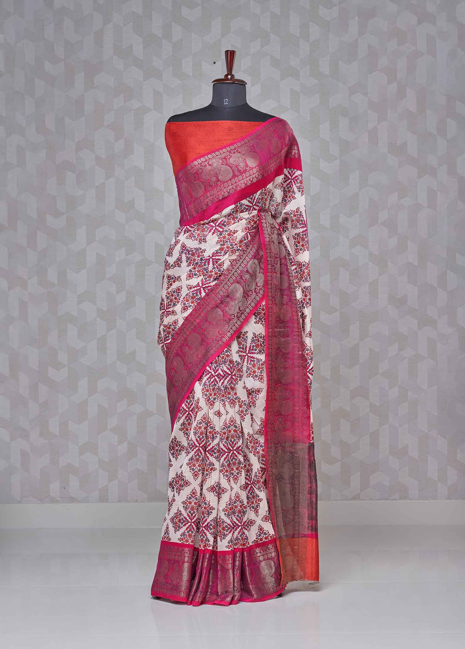 Pinkish Rose & Ivory White Chanderi Saree