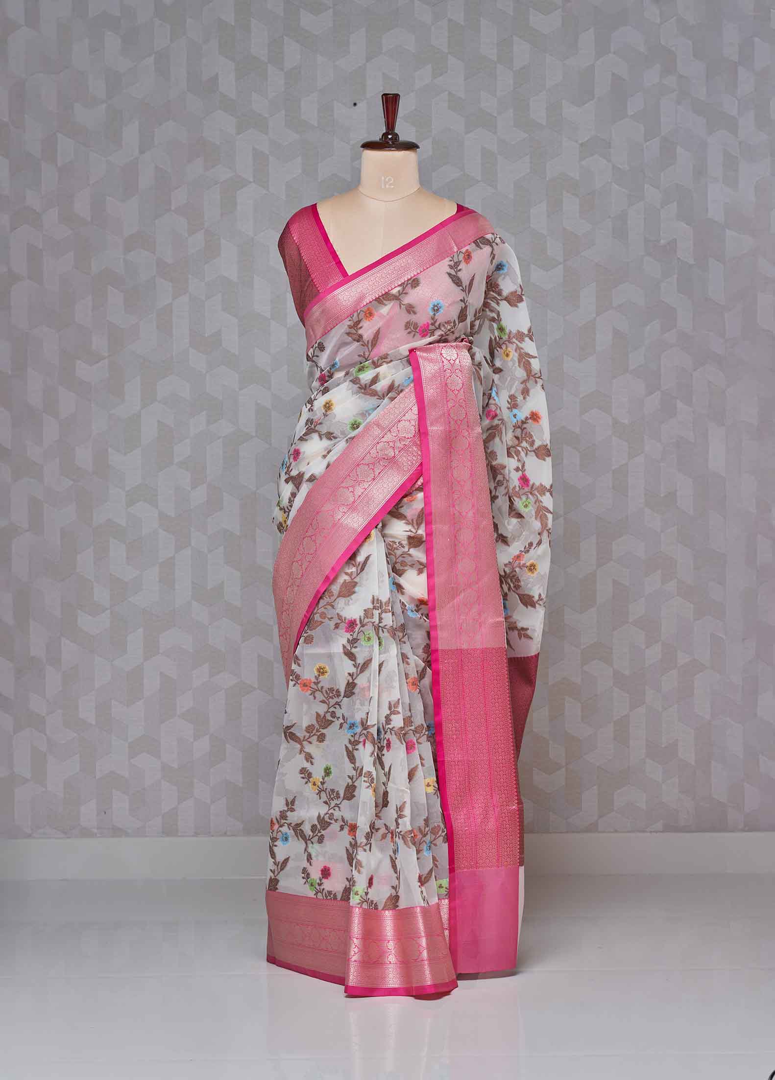 Pinkish Rose & Ivory White Organza Silk Saree