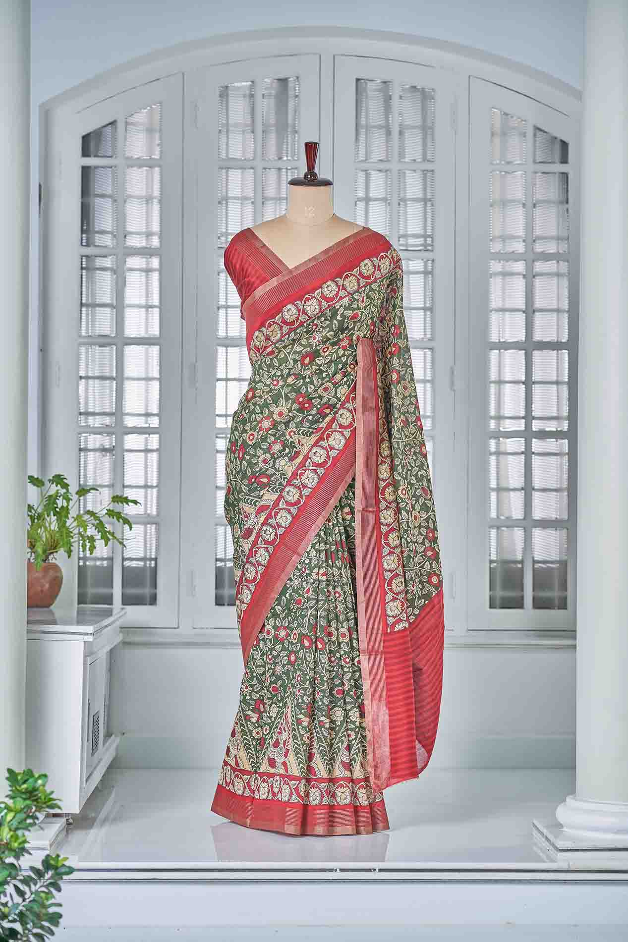 Emerald Green & Fiery Red Orange Chanderi Saree