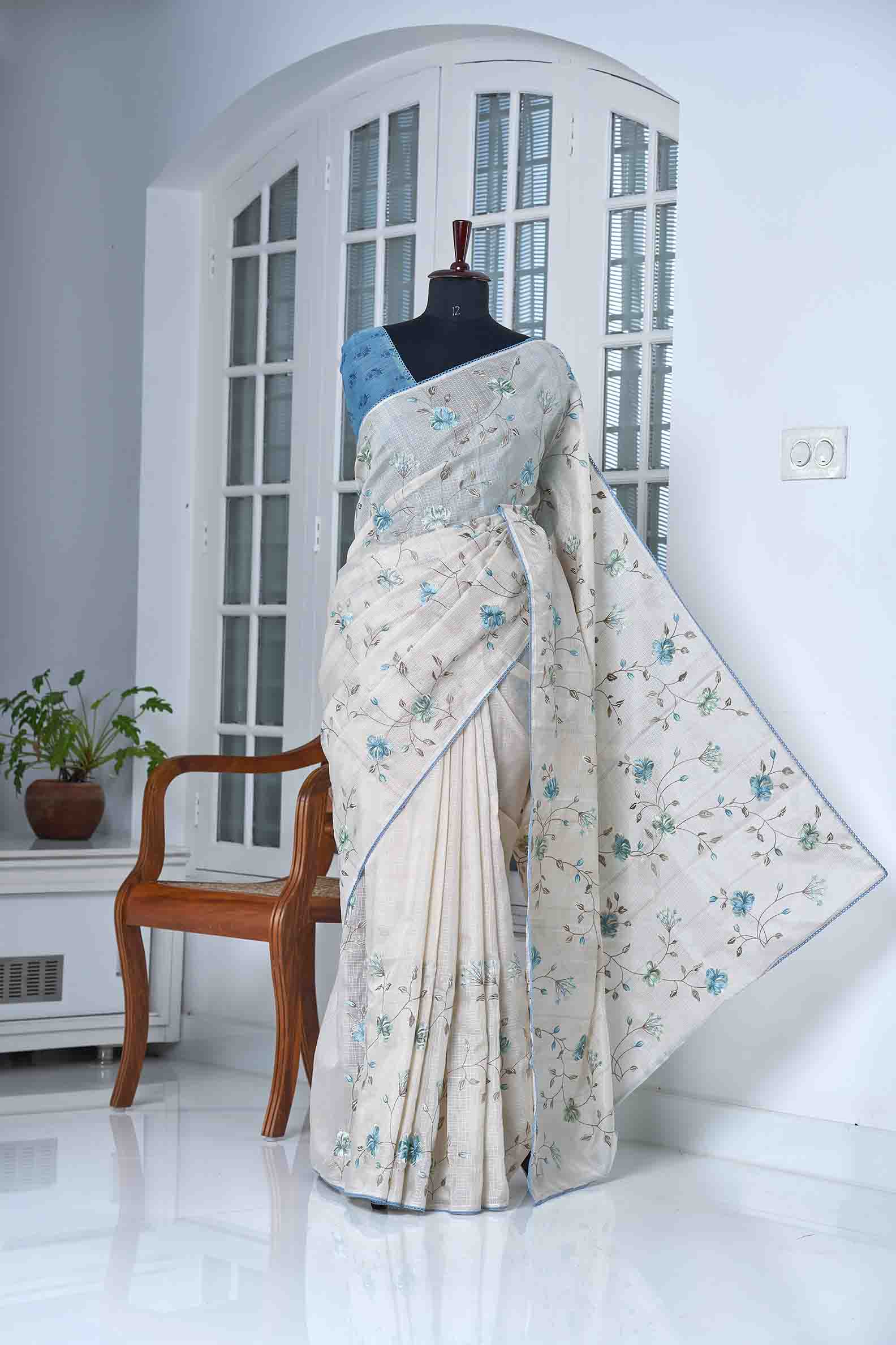 Off White Net Cotta Saree