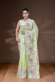 Light Pastel Green & Lavender Organza Silk Saree
