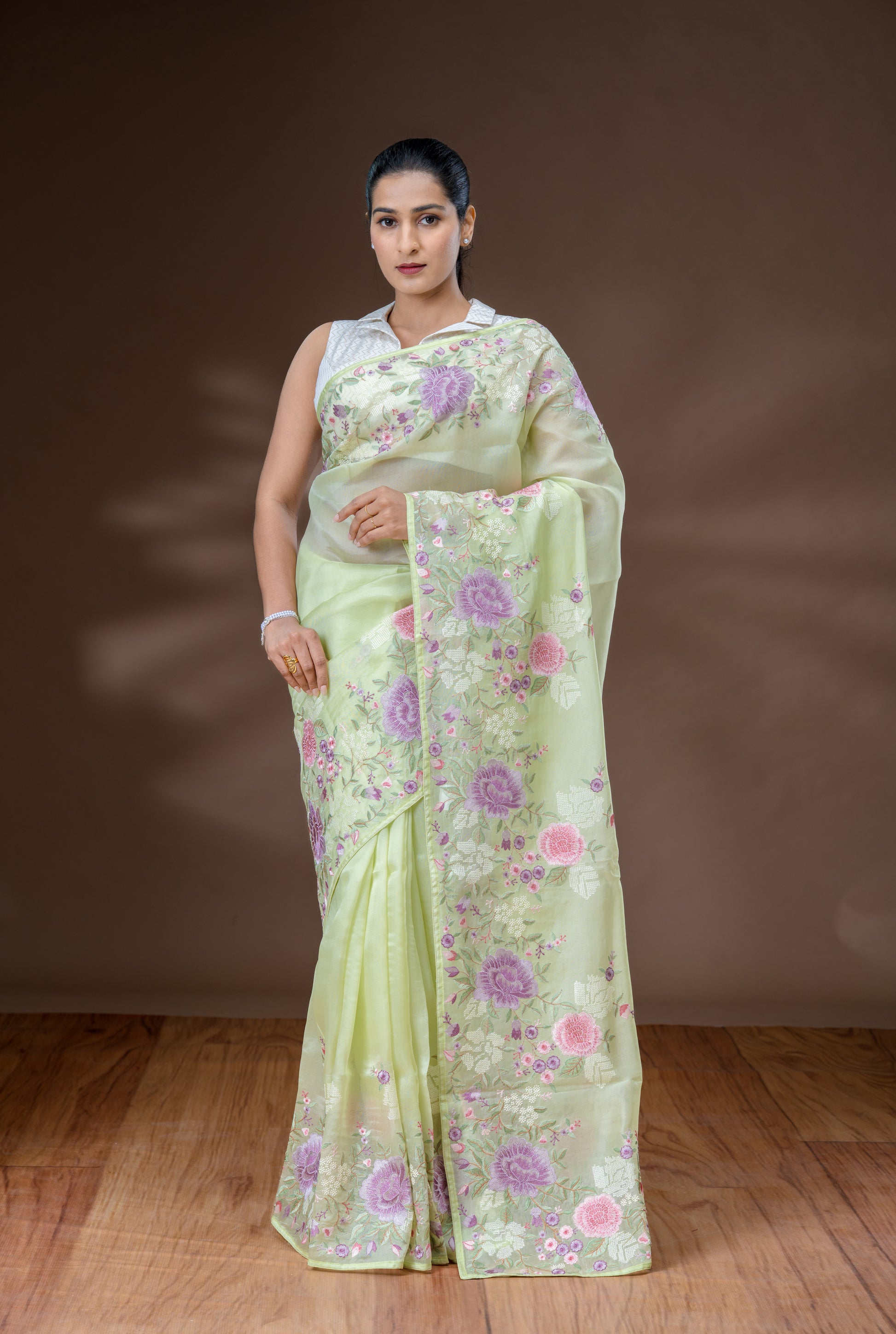 Light Pastel Green & Lavender Organza Silk Saree