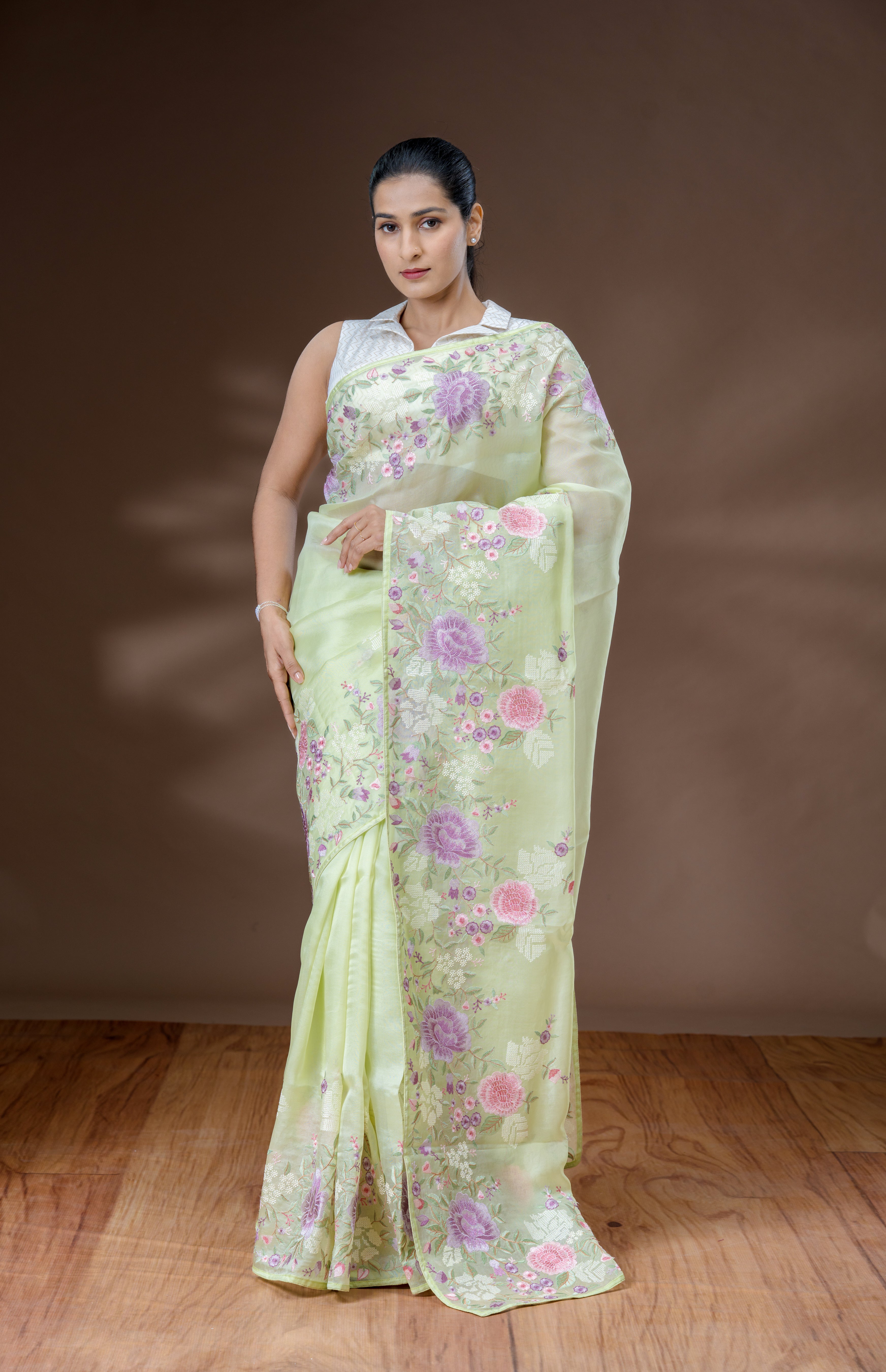 Light Pastel Green & Lavender Organza Silk Saree