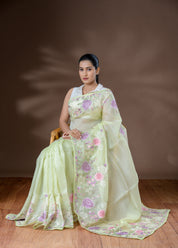 Light Pastel Green & Lavender Organza Silk Saree
