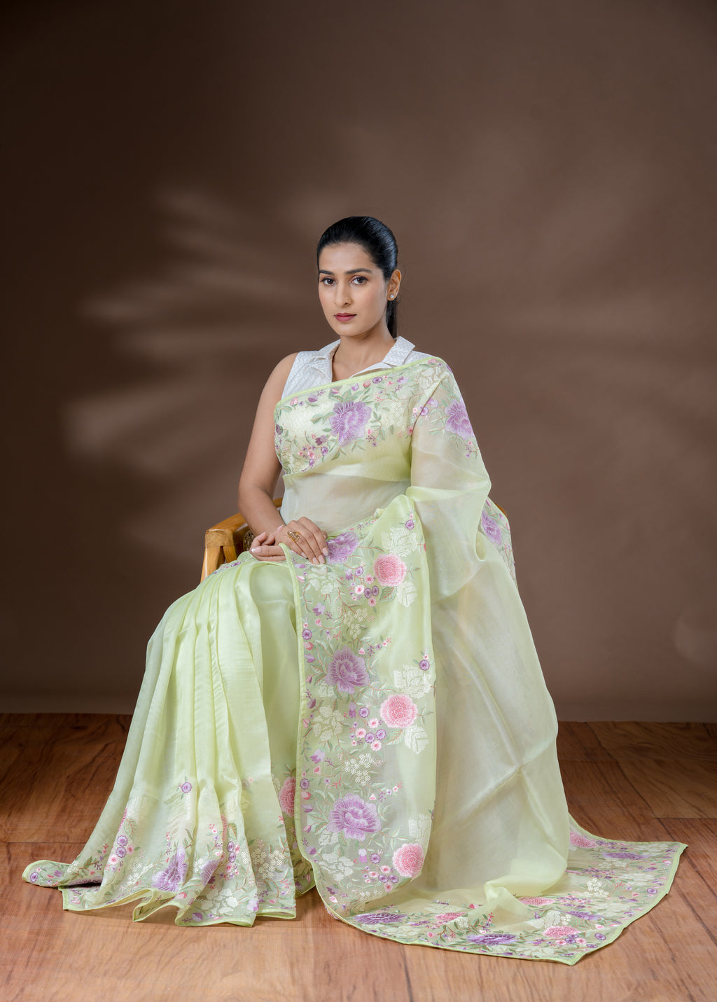 Light Pastel Green & Lavender Organza Silk Saree