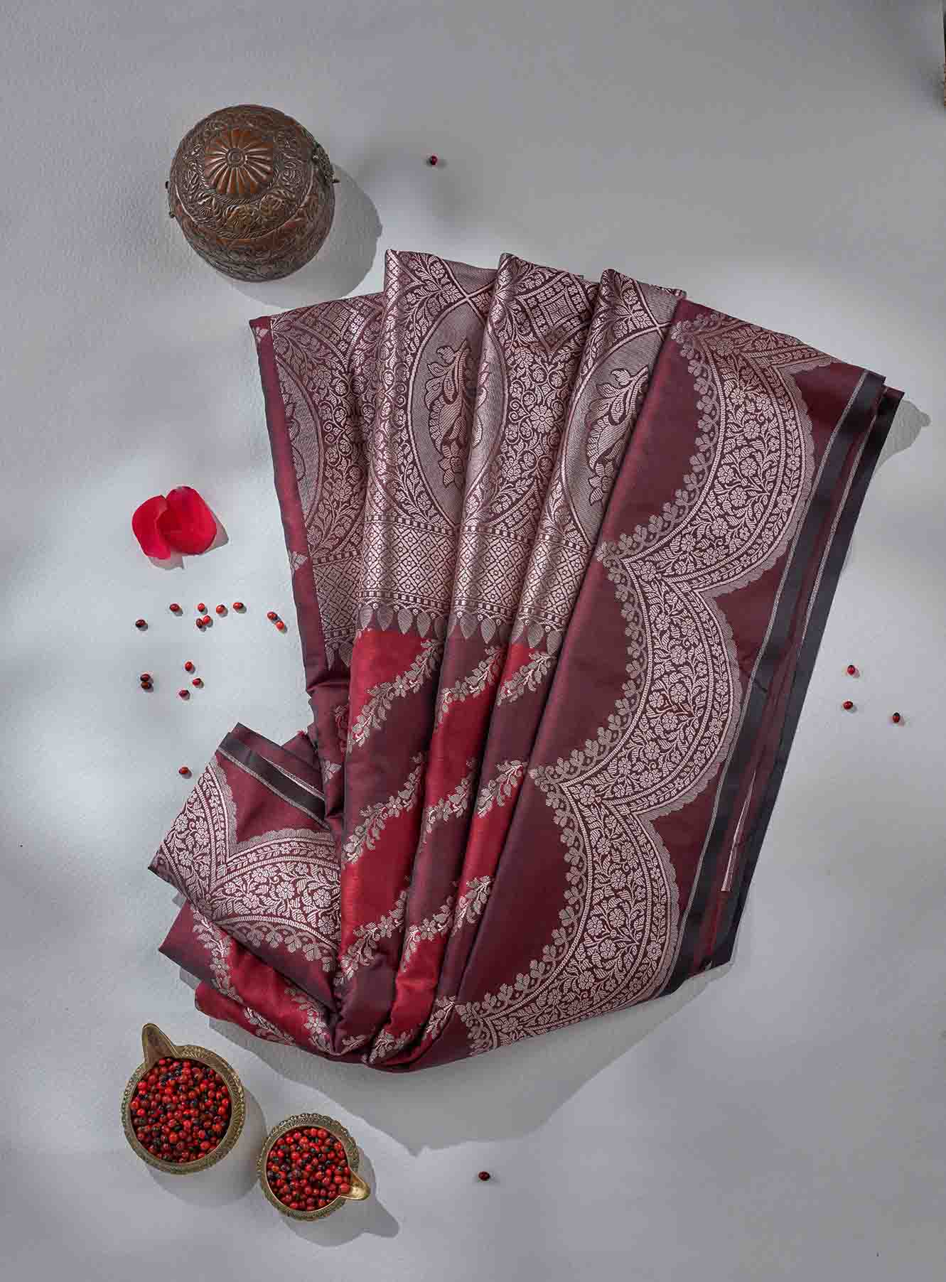 Deep Maroon & Red Banarasi Silk Saree