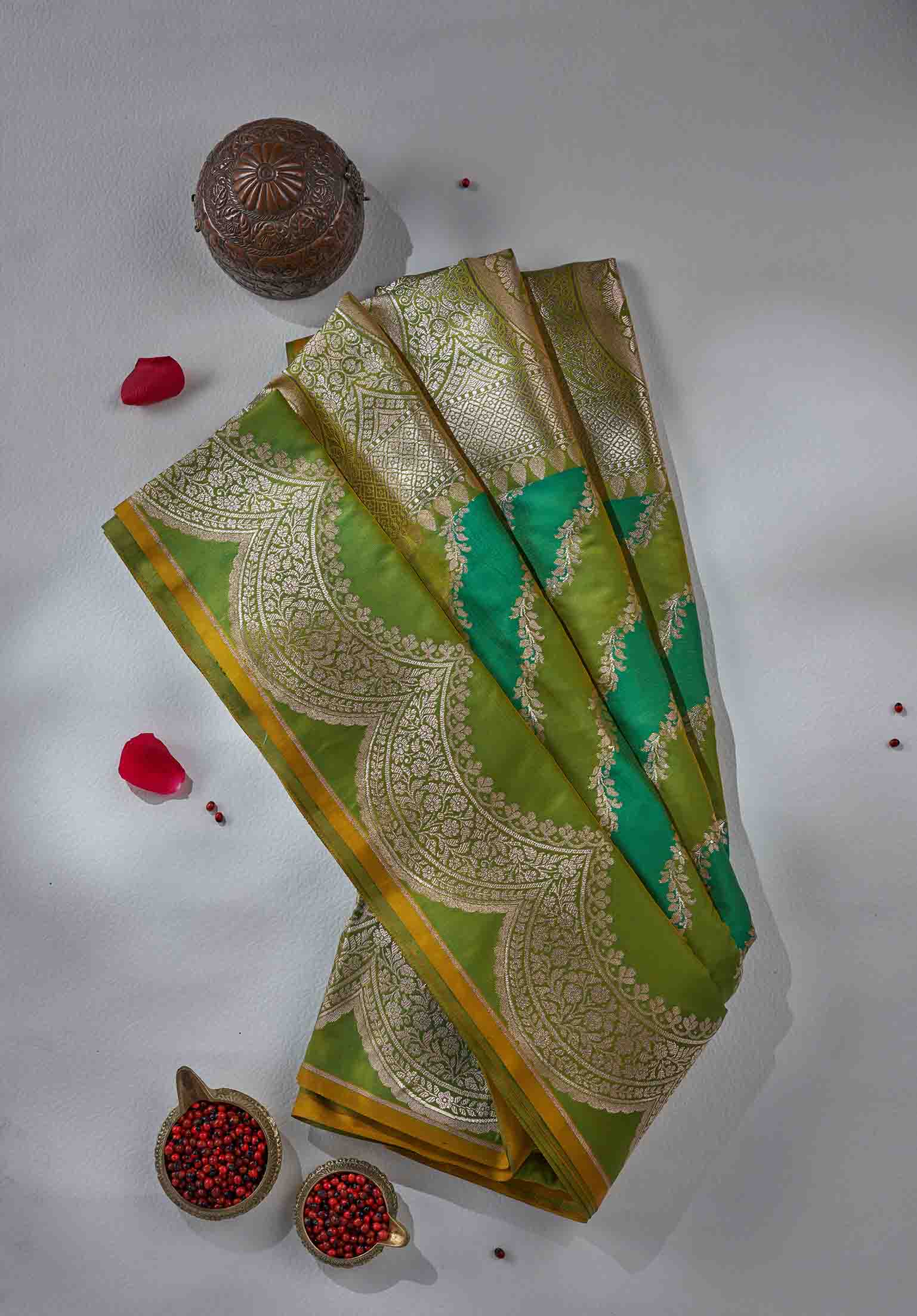 Parrot Green & Emerald Green Banarasi Silk Saree