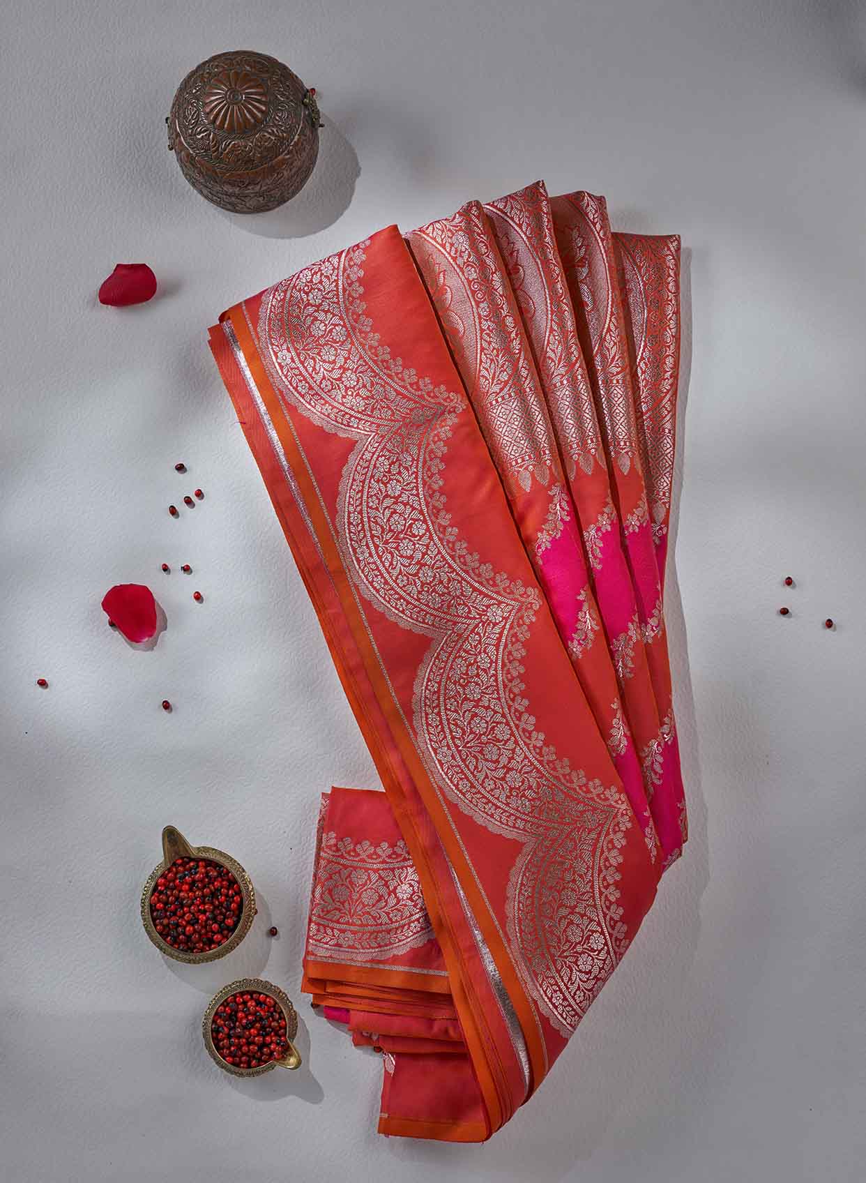 Coral Orange & Red Banarasi Silk Saree