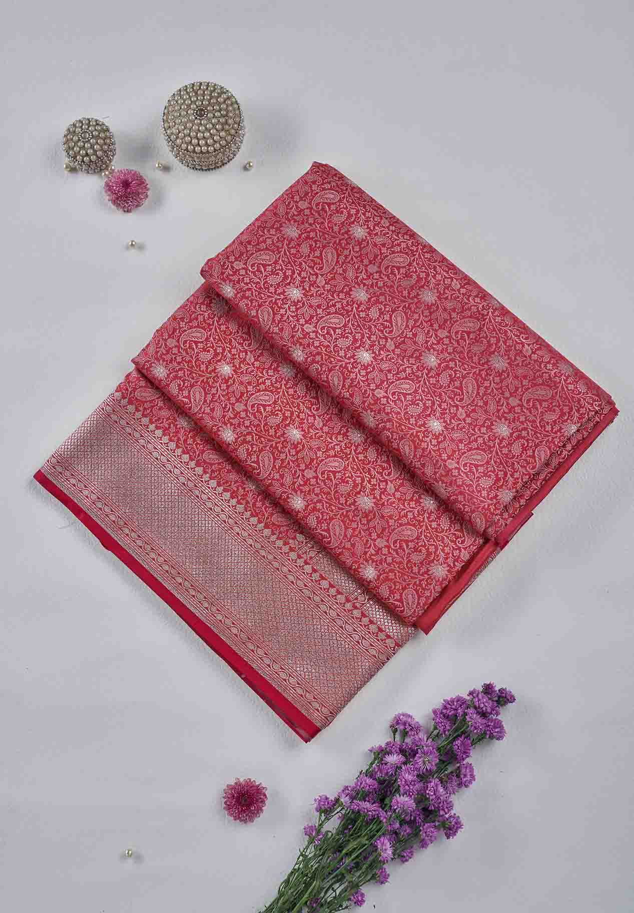 Peach Rose Banarasi Silk Saree
