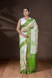 Cream & Parrot Green Tussar Silk Saree