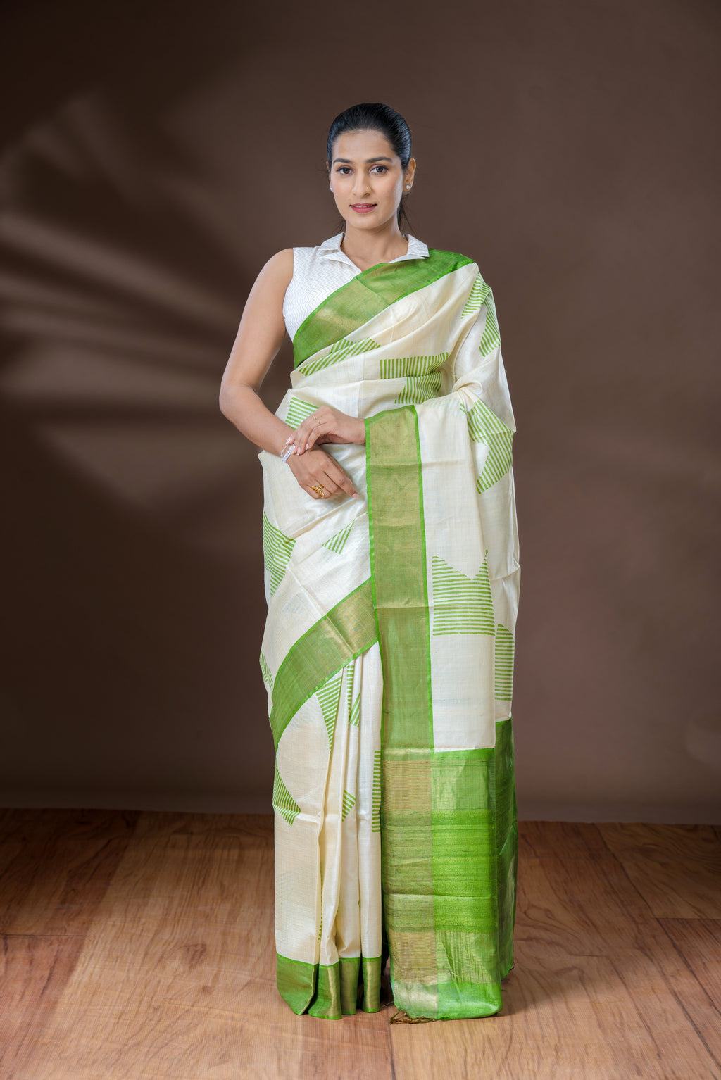Cream & Parrot Green Tussar Silk Saree