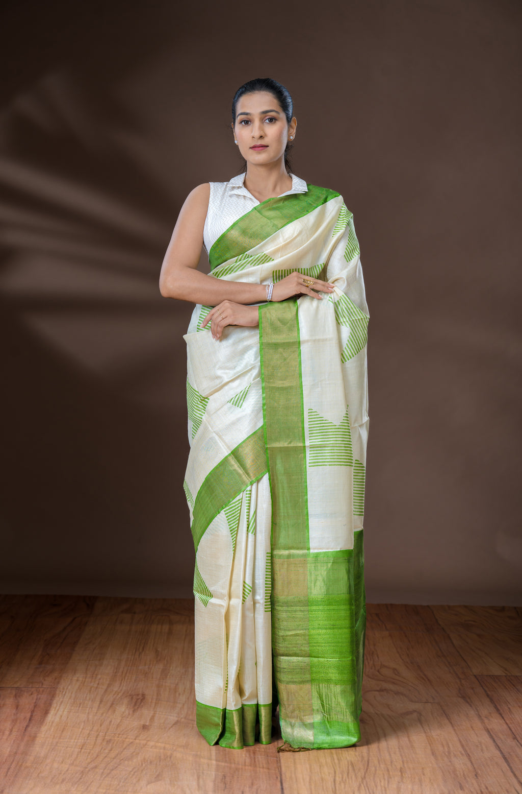 Cream & Parrot Green Tussar Silk Saree