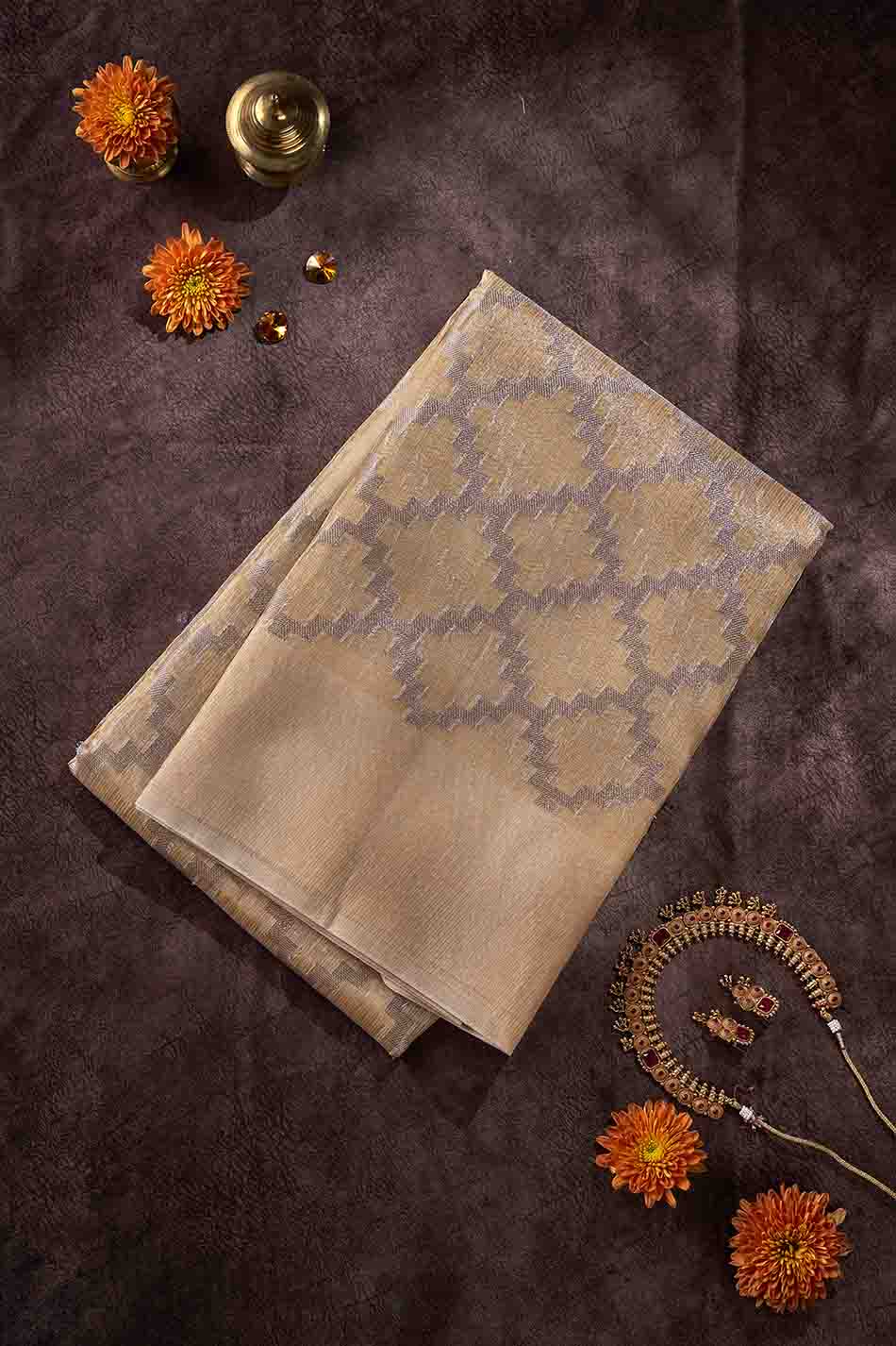 Goldenrod Beige Tissue Saree