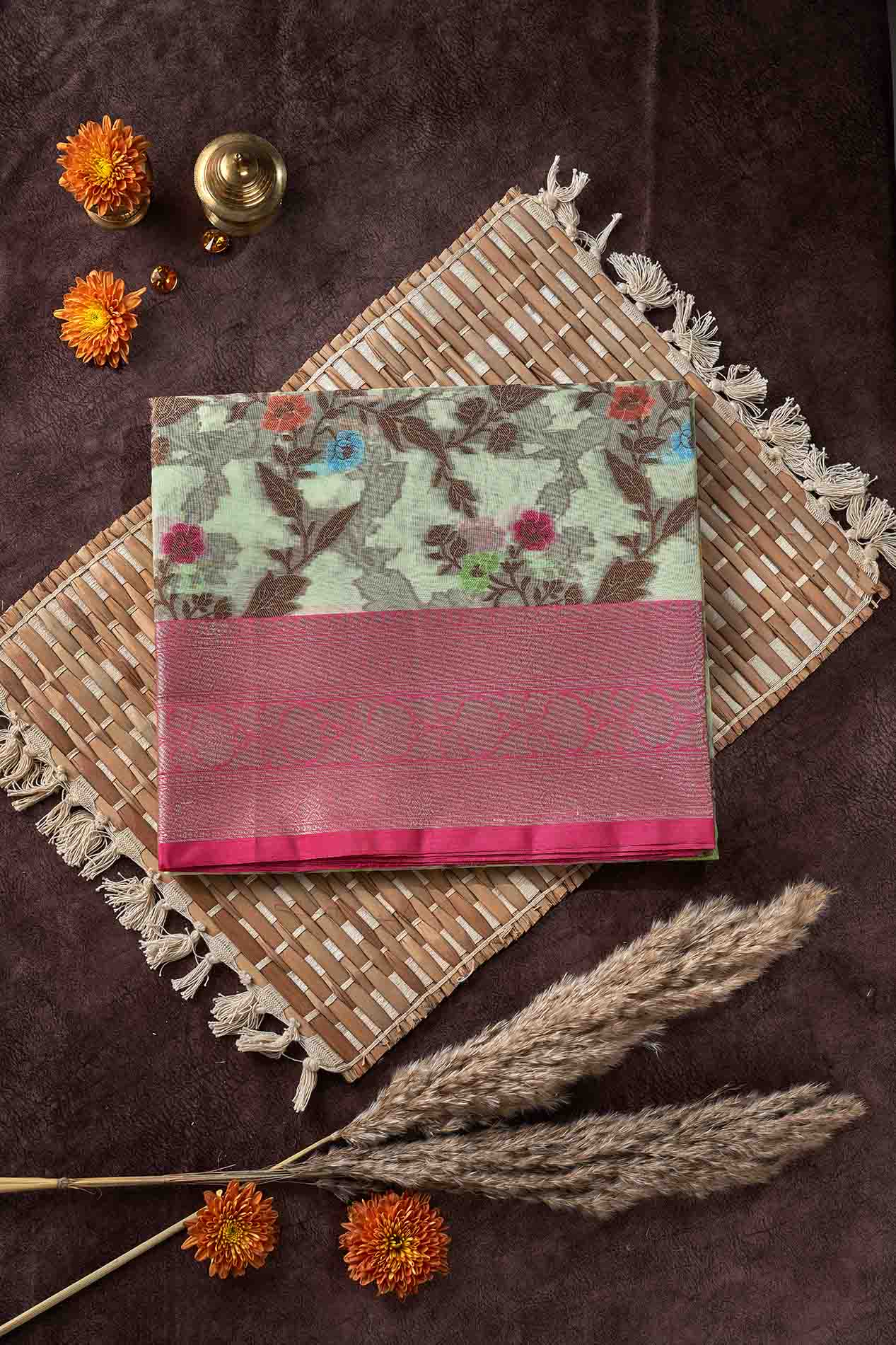 Light Granite Green & Pink Organza Silk Saree