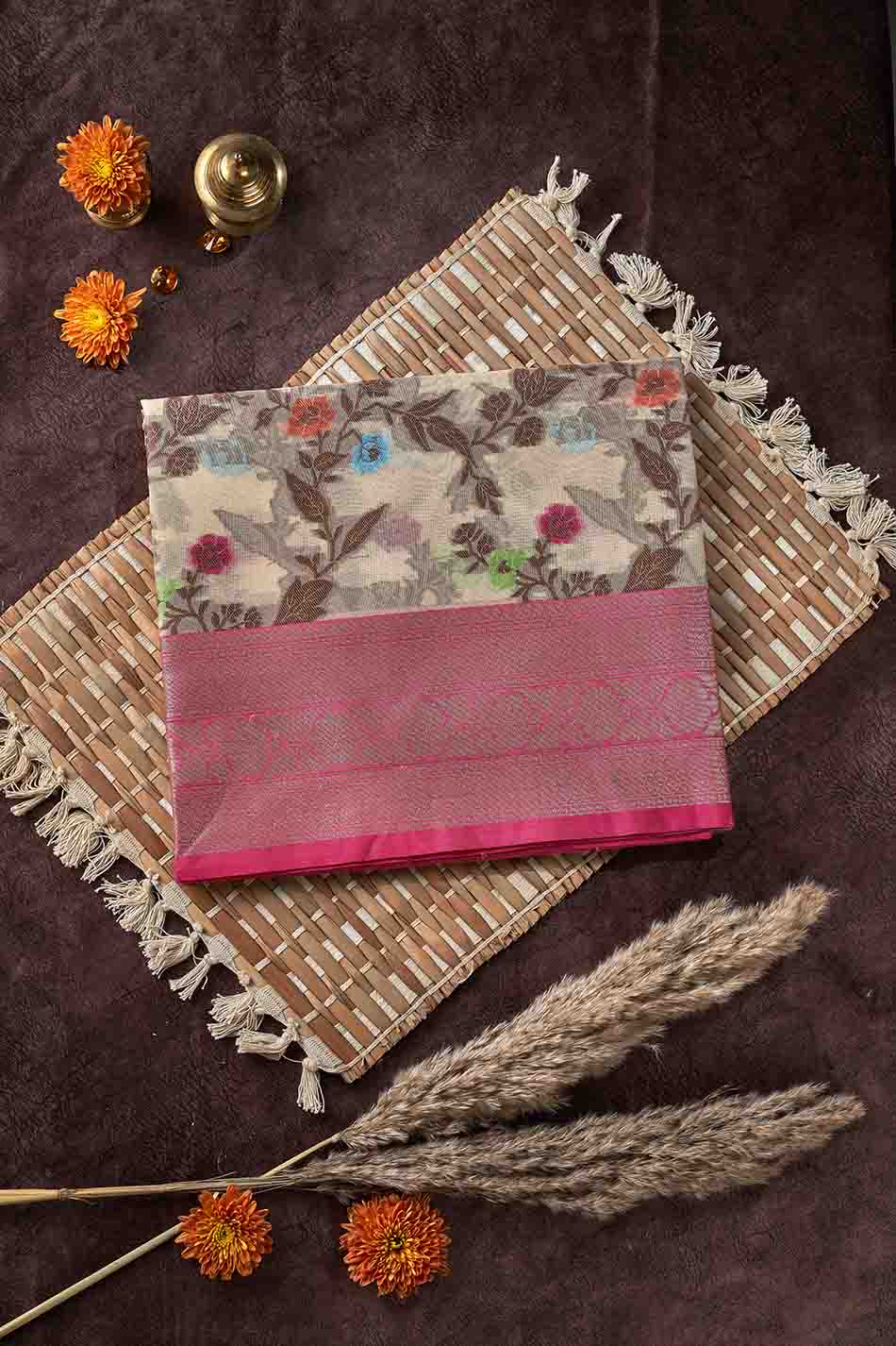 Pink & Beige Organza Silk Saree