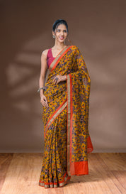 Bronze Orange &  Fiery Red Orange Chanderi Saree