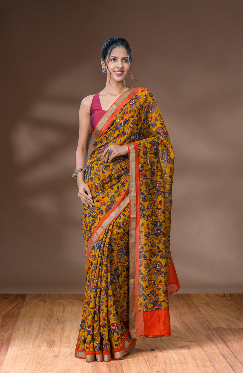 Bronze Orange &  Fiery Red Orange Chanderi Saree