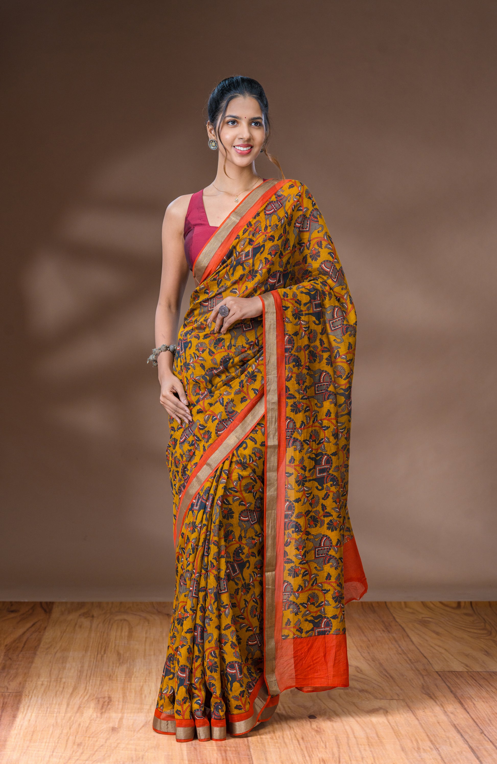 Bronze Orange &  Fiery Red Orange Chanderi Saree