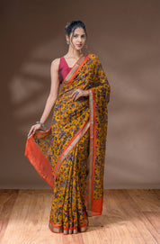 Bronze Orange &  Fiery Red Orange Chanderi Saree