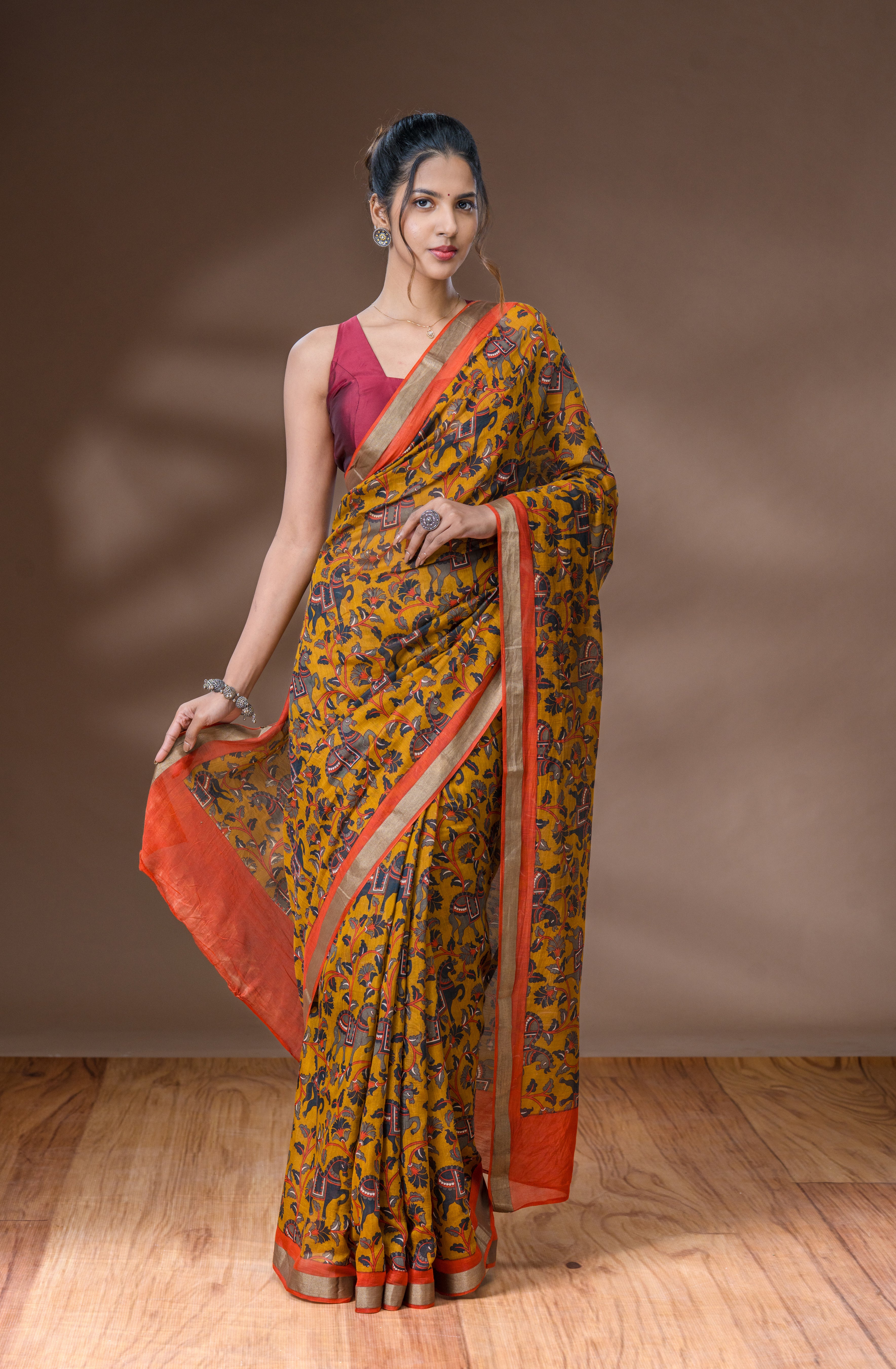 Bronze Orange &  Fiery Red Orange Chanderi Saree