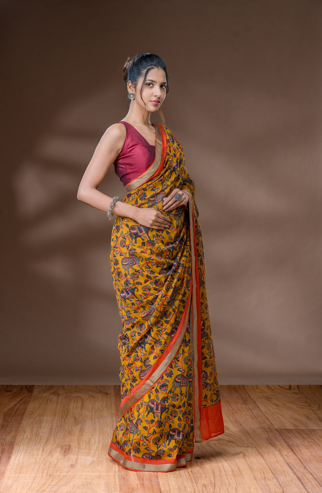 Bronze Orange &  Fiery Red Orange Chanderi Saree
