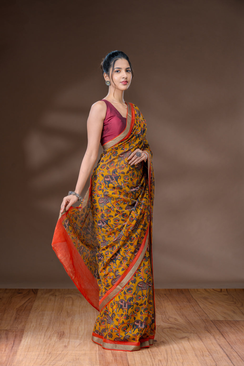 Bronze Orange &  Fiery Red Orange Chanderi Saree