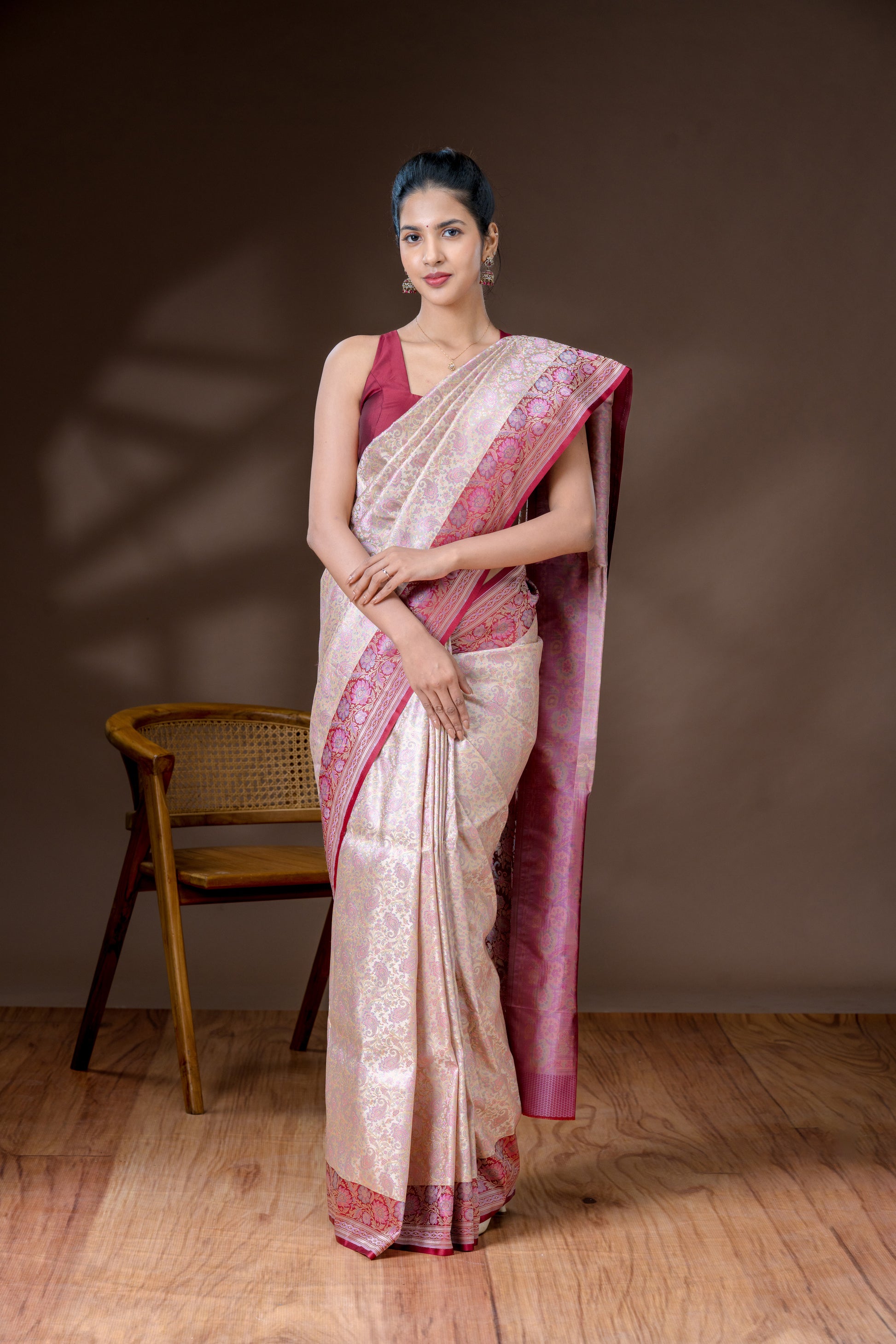 Warm Beige Pink & Maroon Banarasi Silk Saree