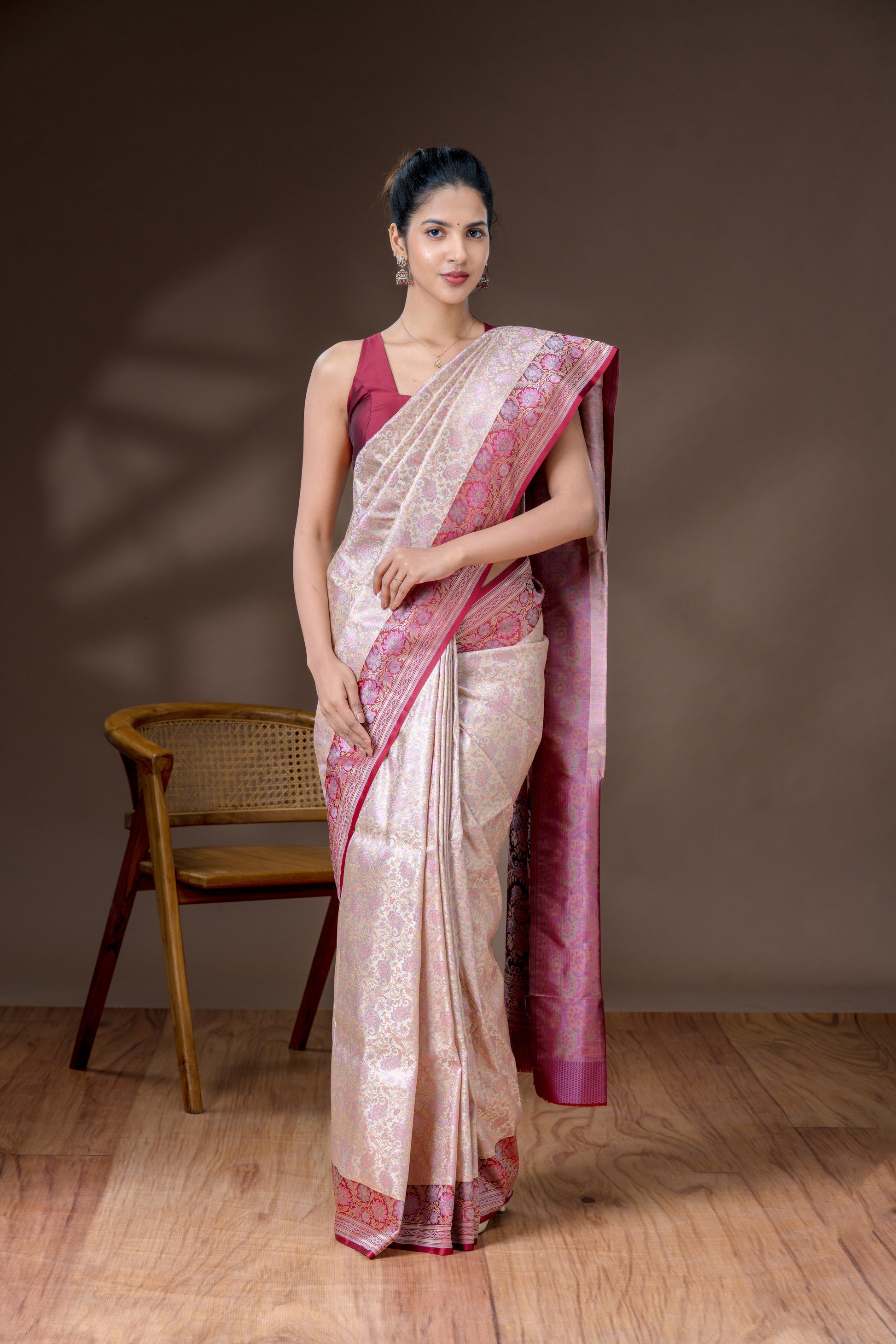 Warm Beige Pink & Maroon Banarasi Silk Saree