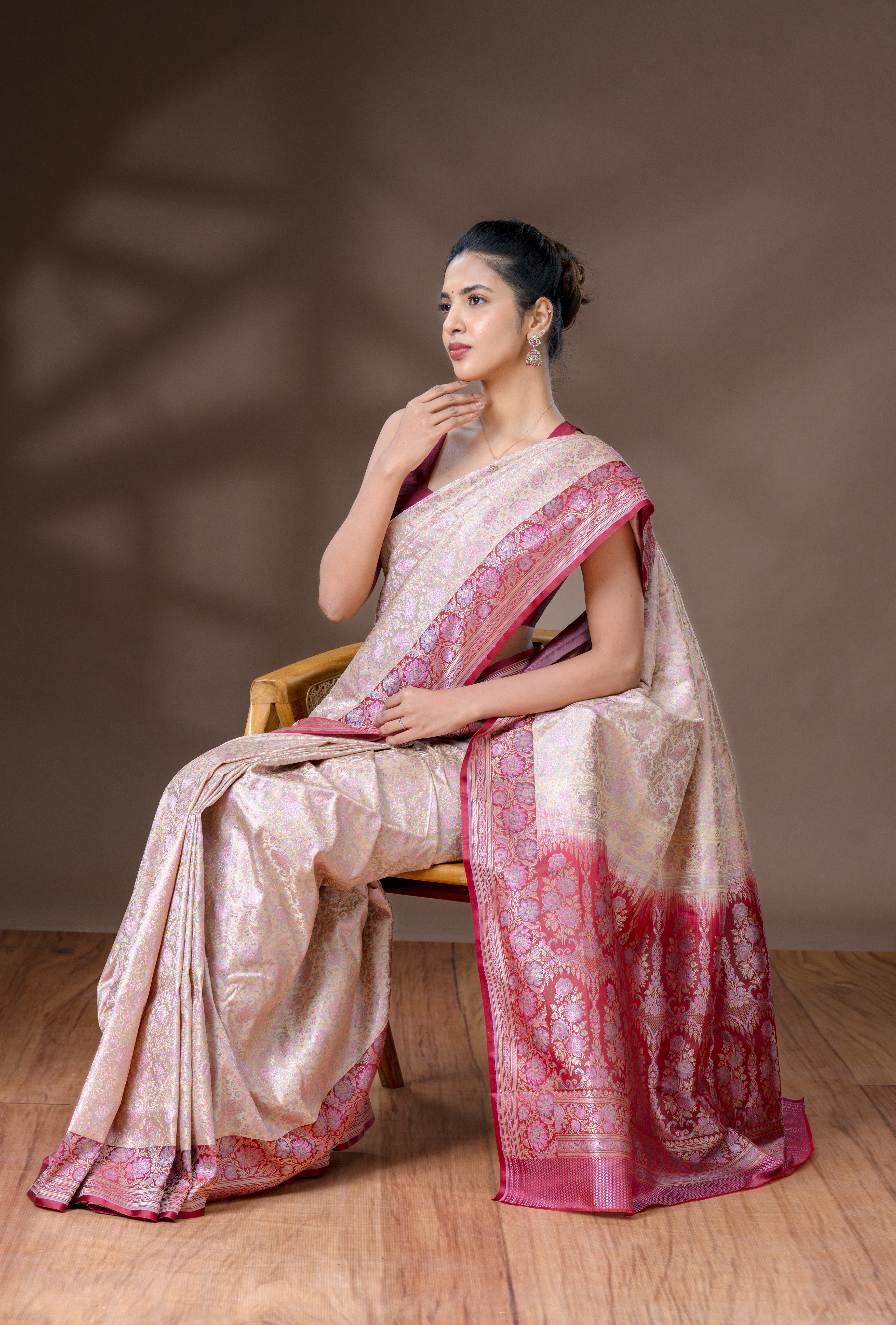 Warm Beige Pink & Maroon Banarasi Silk Saree