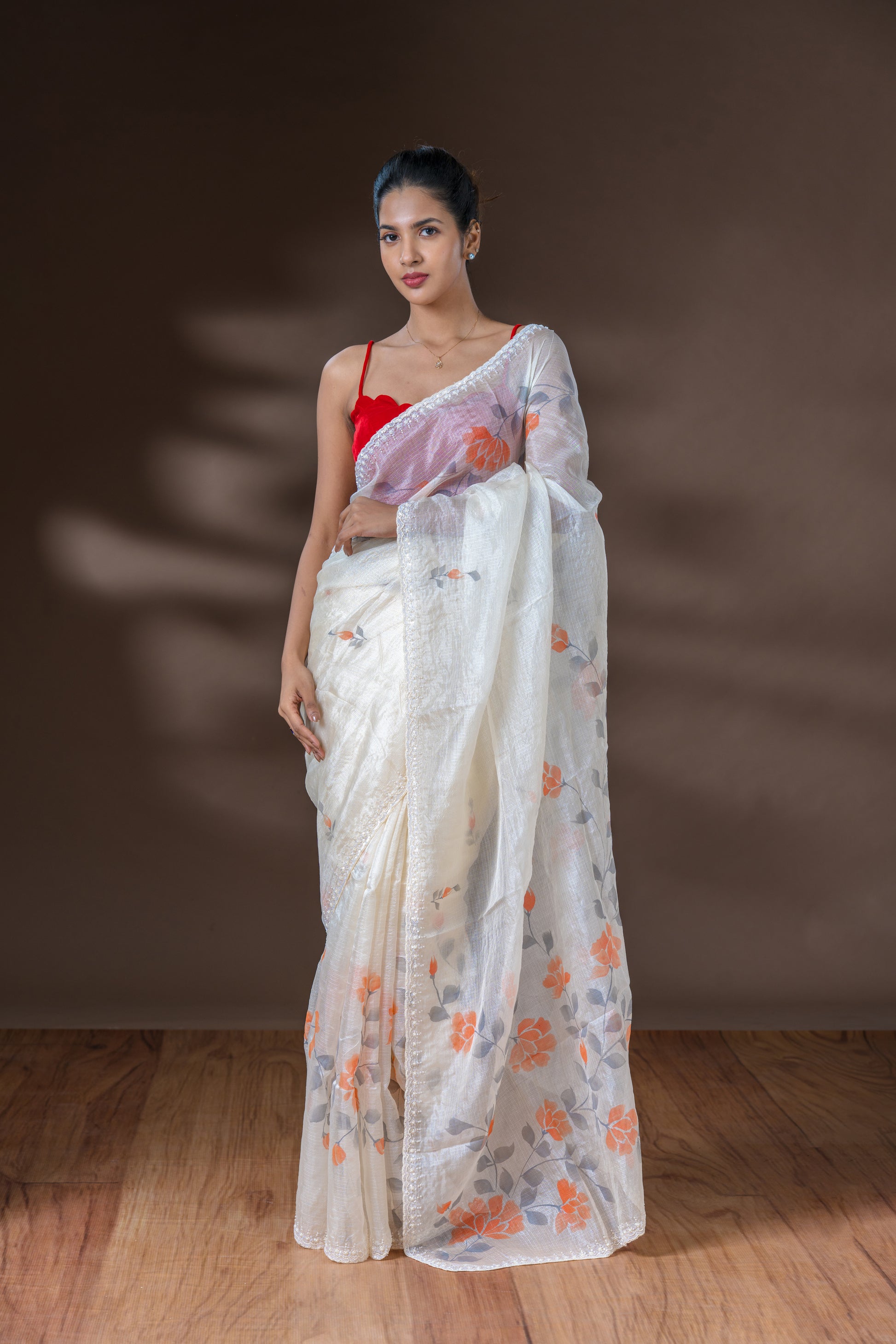 Off White Net Cotta Saree
