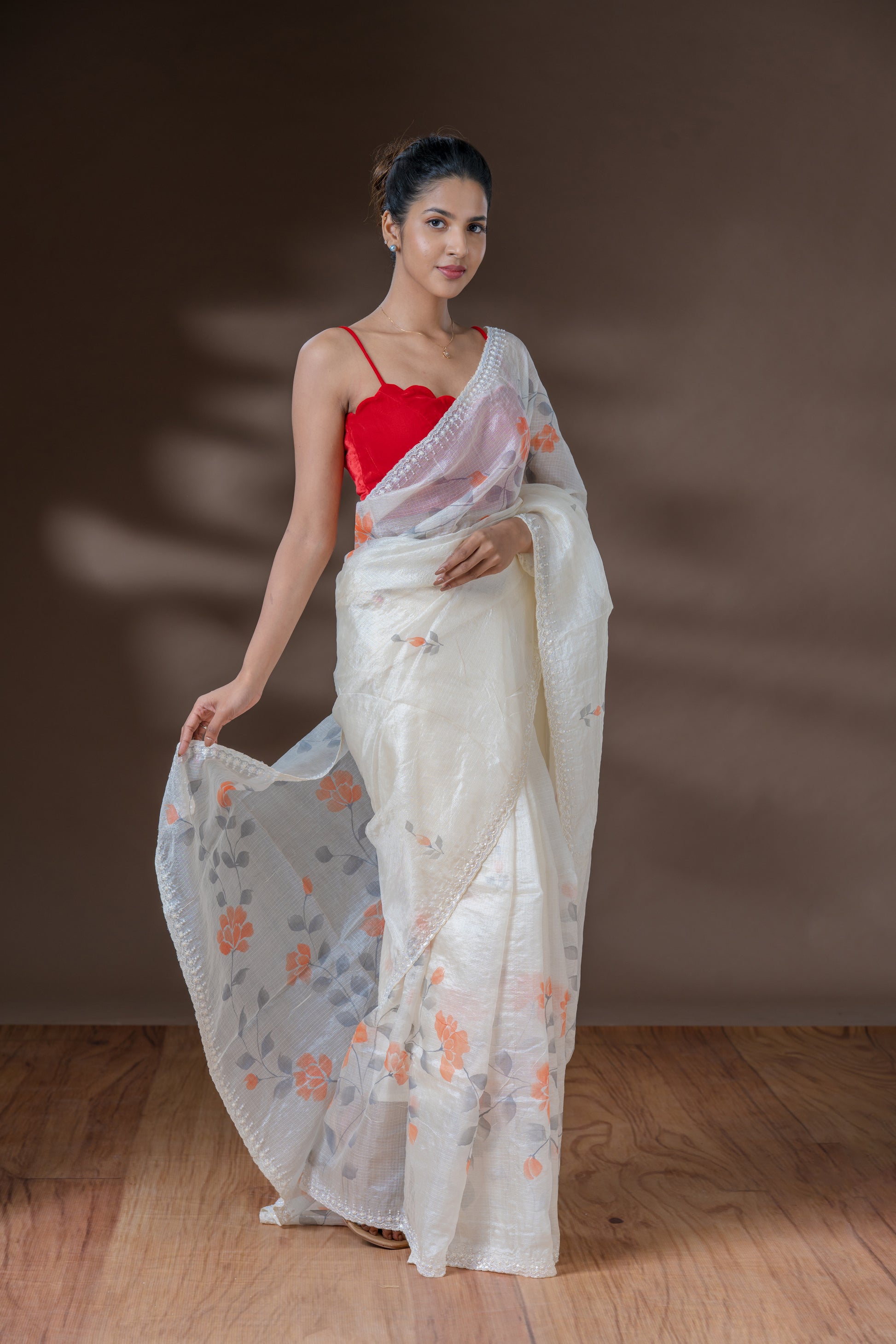 Off White Net Cotta Saree