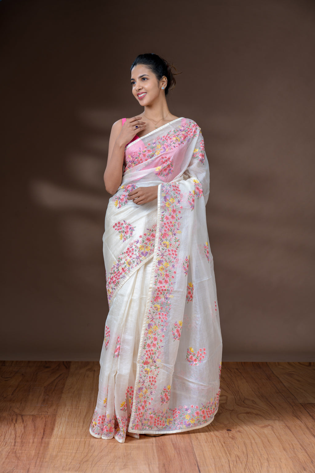 Light Cream Net Cotta Saree