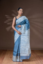 Light Steel Blue Tussar Silk Saree
