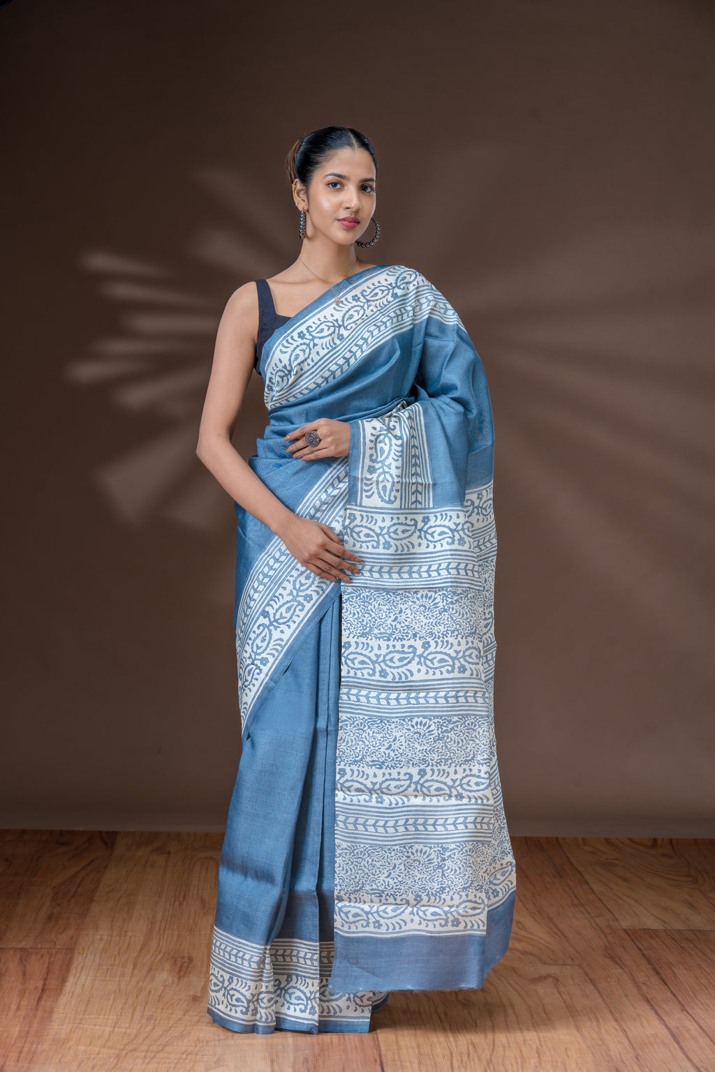 Light Steel Blue Tussar Silk Saree
