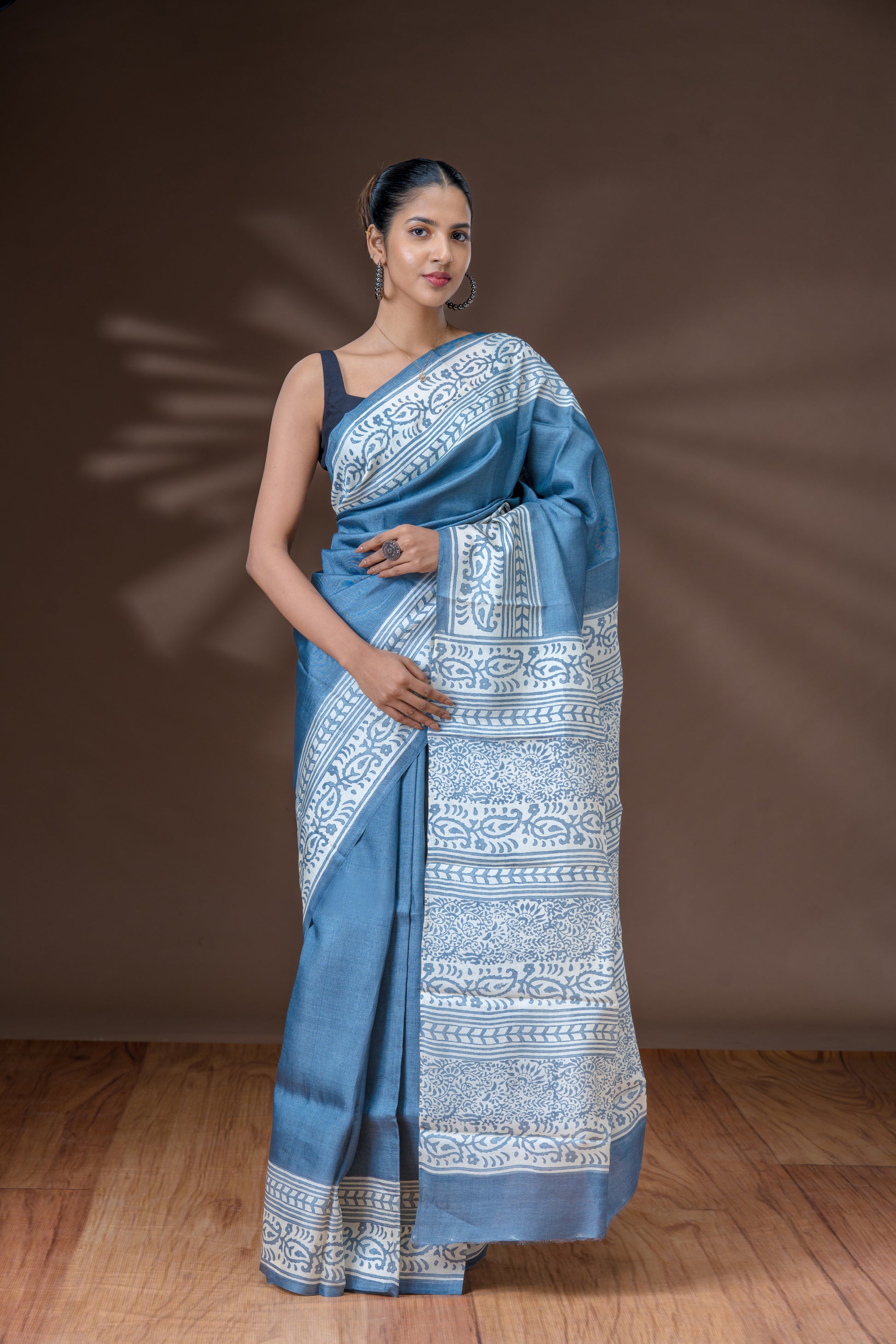 Light Steel Blue Tussar Silk Saree