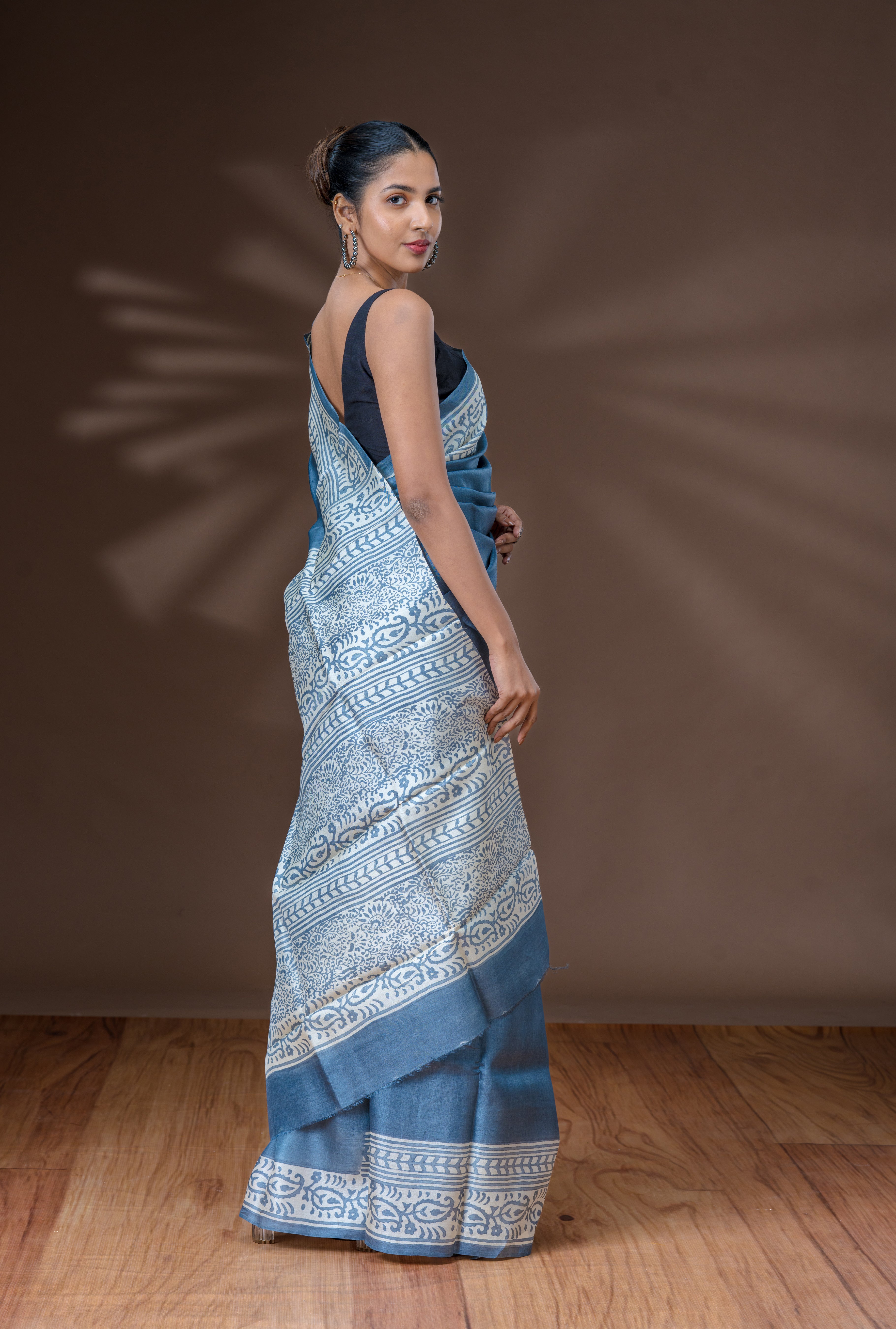 Light Steel Blue Tussar Silk Saree