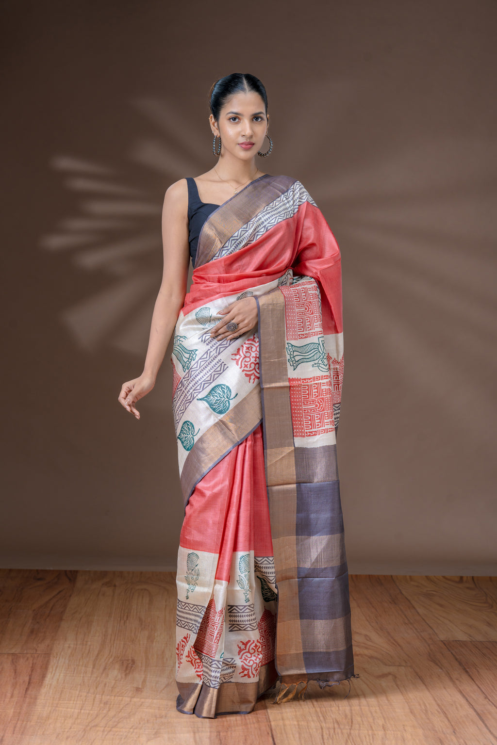Peach Rose Tussar Silk Saree