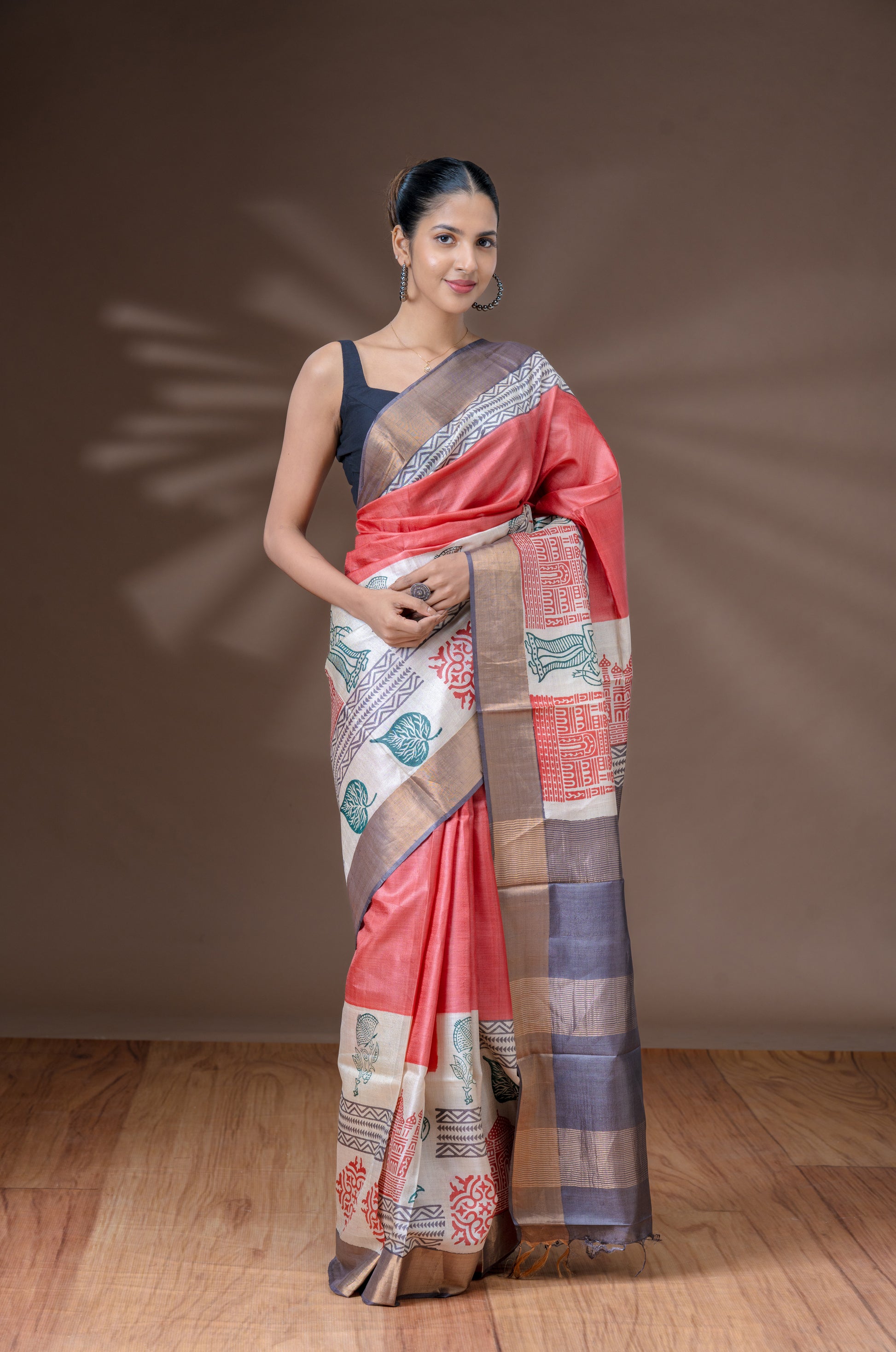 Peach Rose Tussar Silk Saree