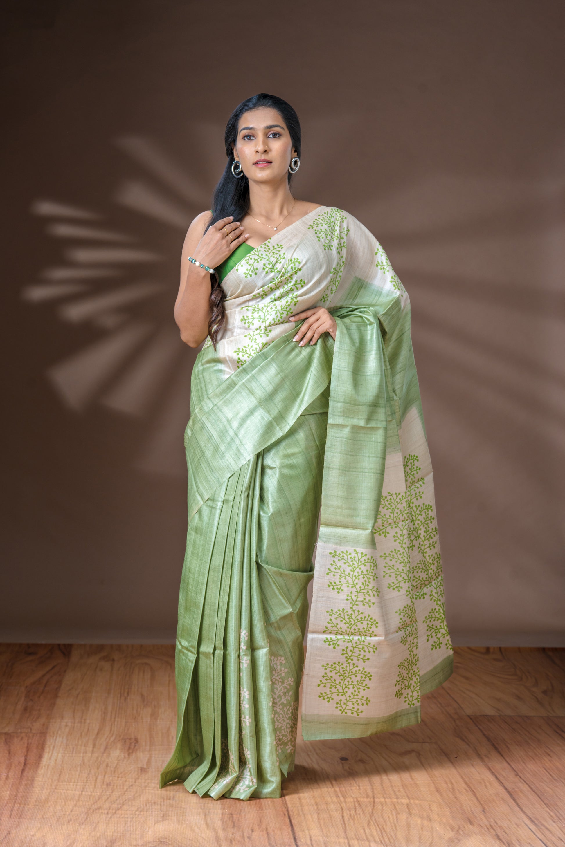 Light Granite Green Tussar Silk Saree