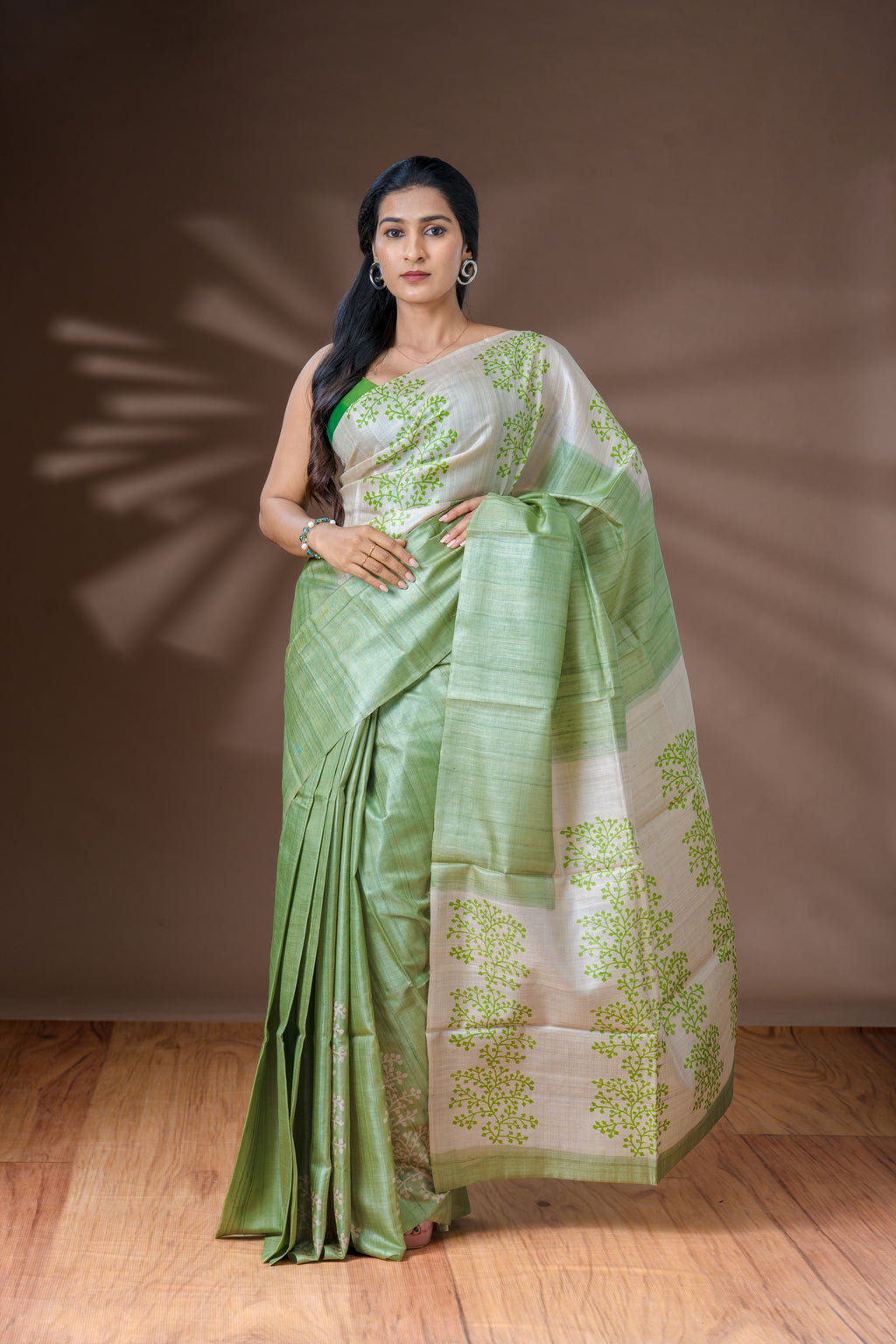 Light Granite Green Tussar Silk Saree