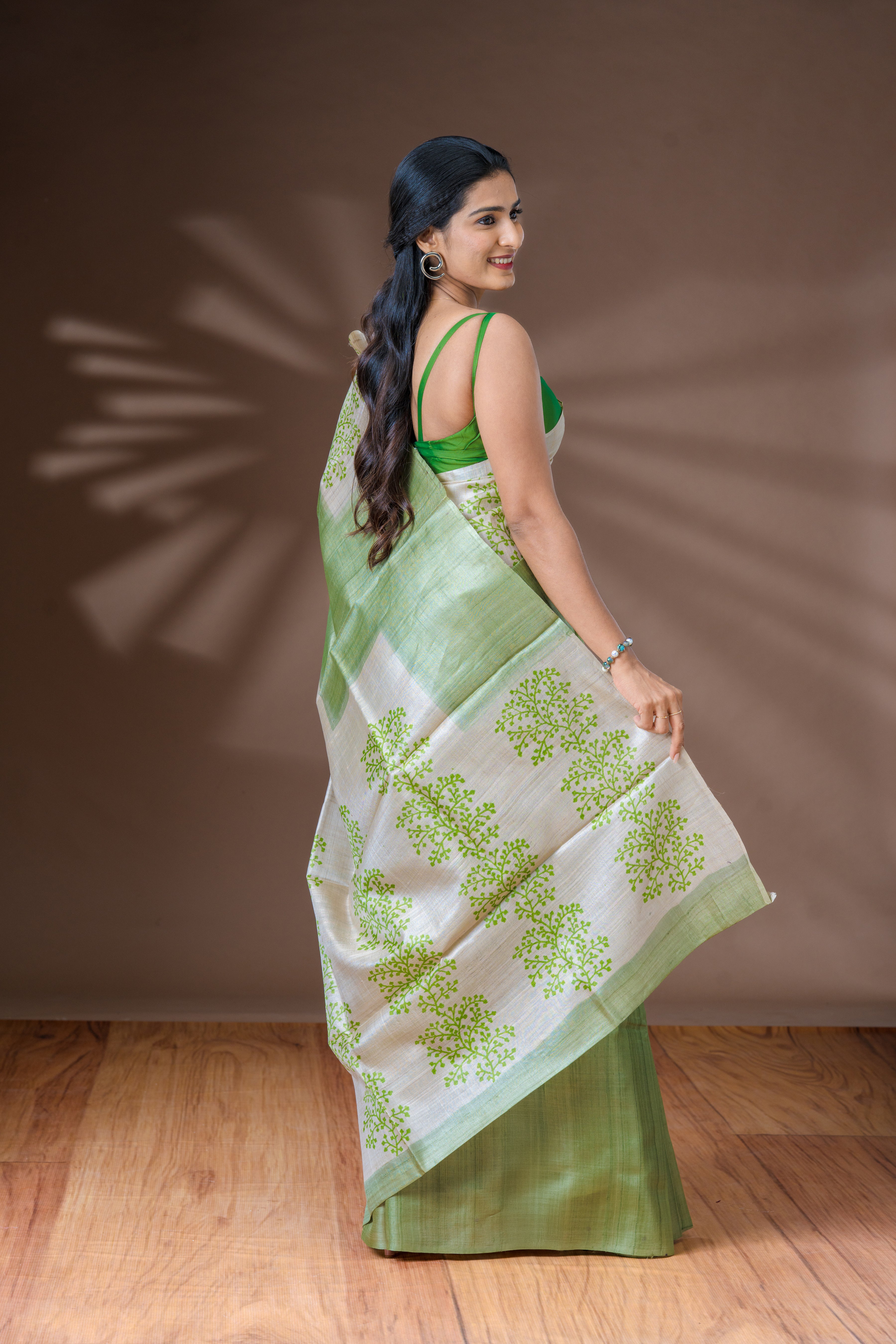 Light Granite Green Tussar Silk Saree