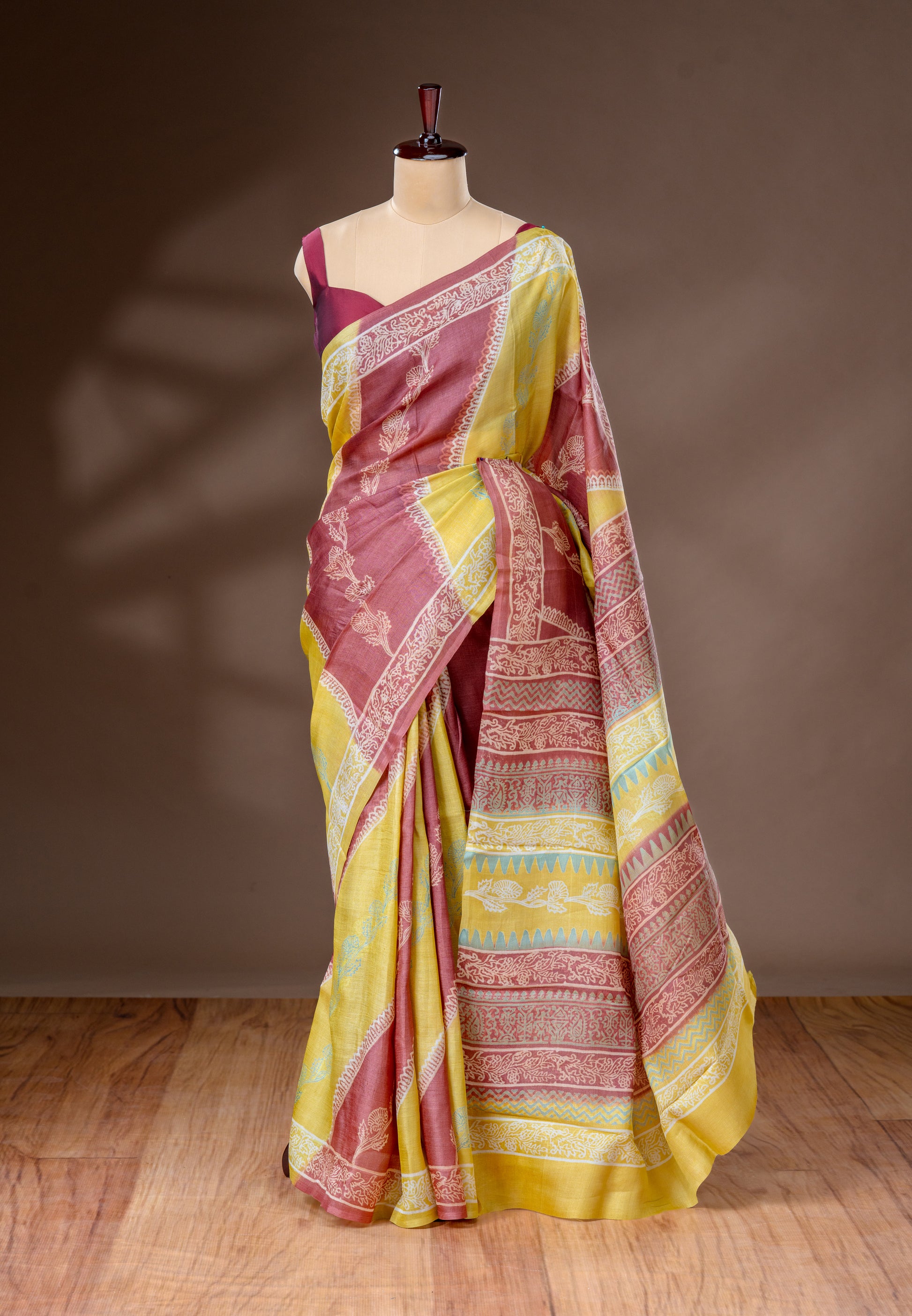Yellow & Brick Brown Tussar Silk Saree