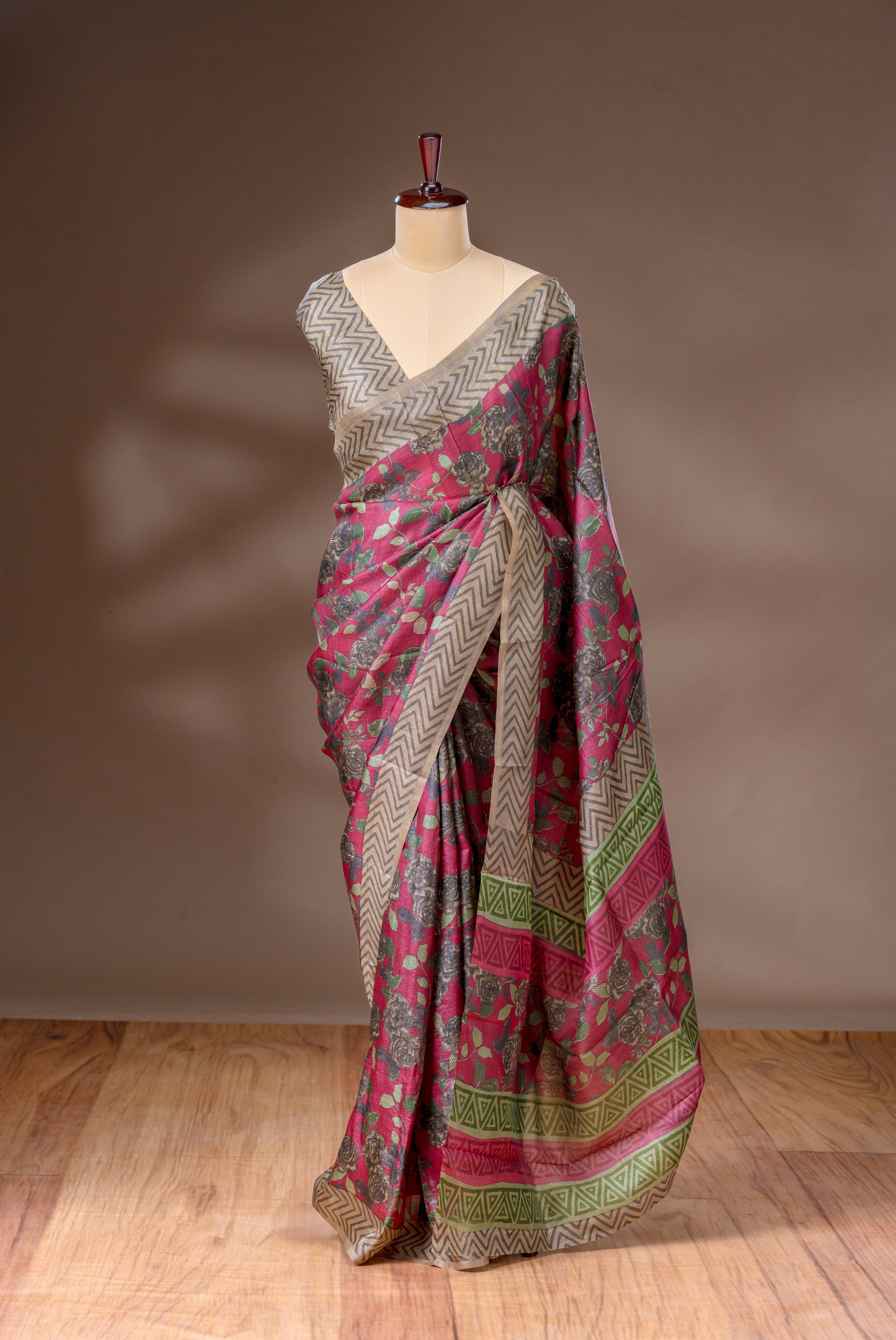 Pale Brown & Red Purple Tussar Silk Saree