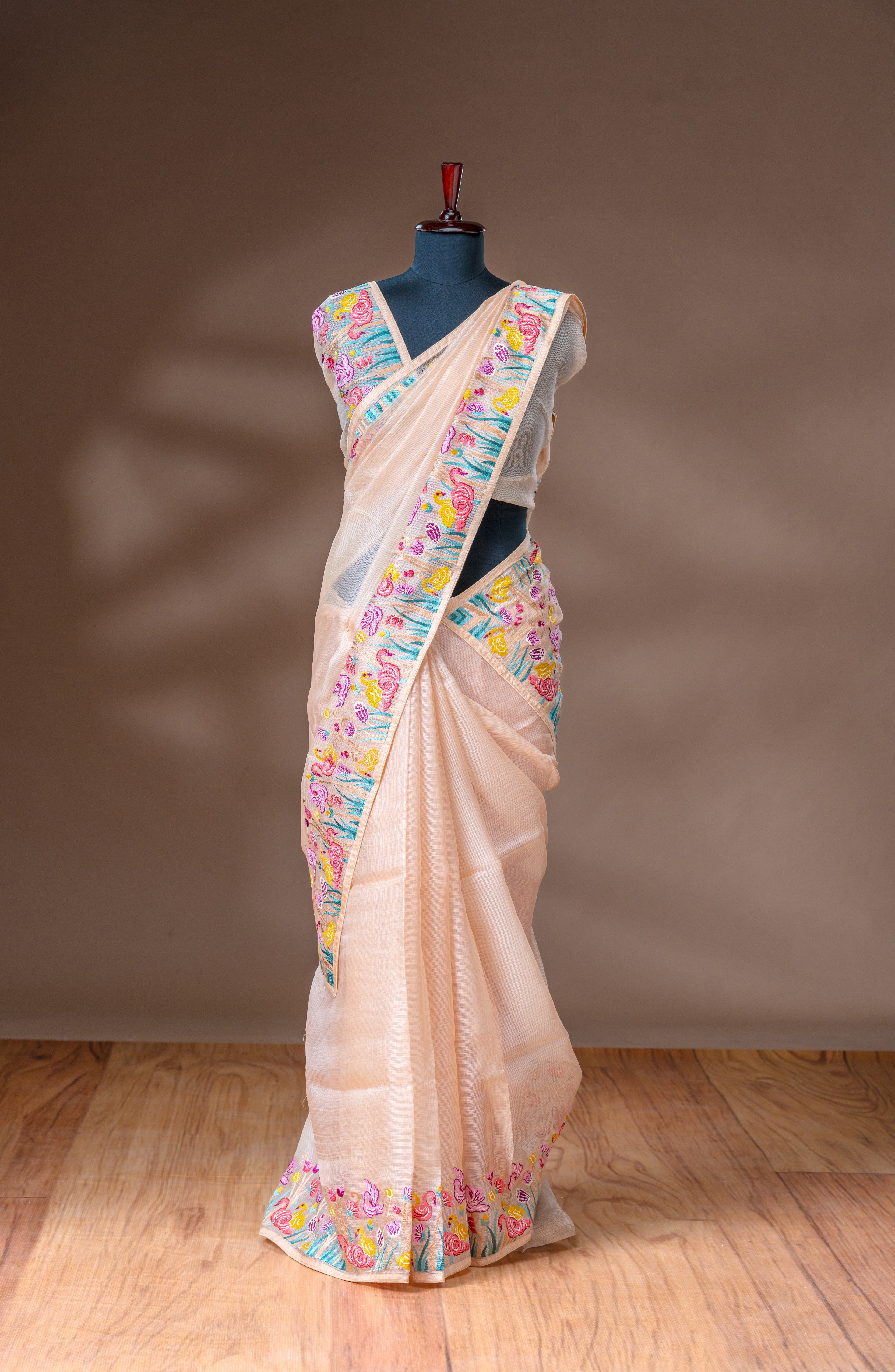 Warm Beige Pink Net Cotta Saree