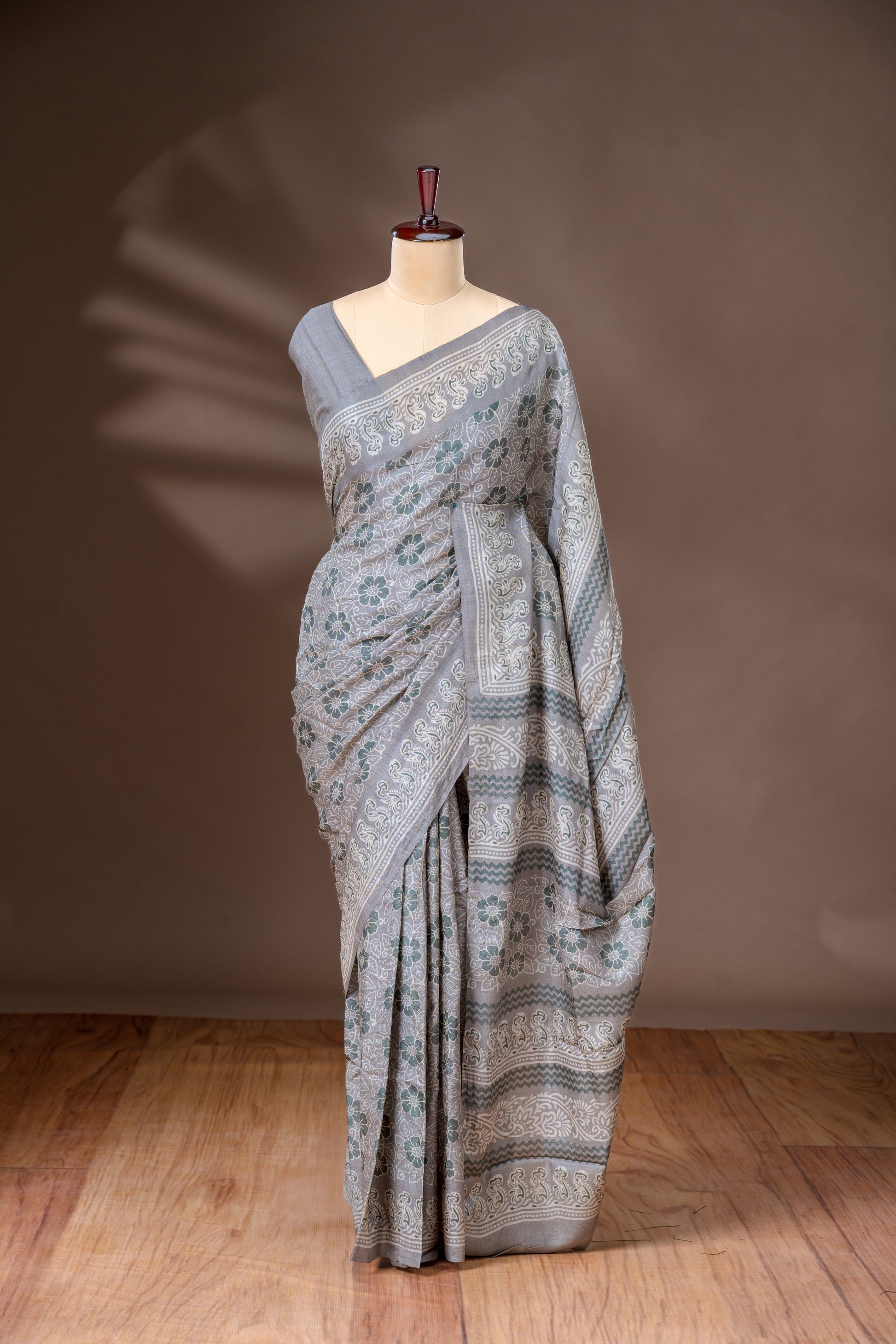 Ash Grey Tussar Silk Saree