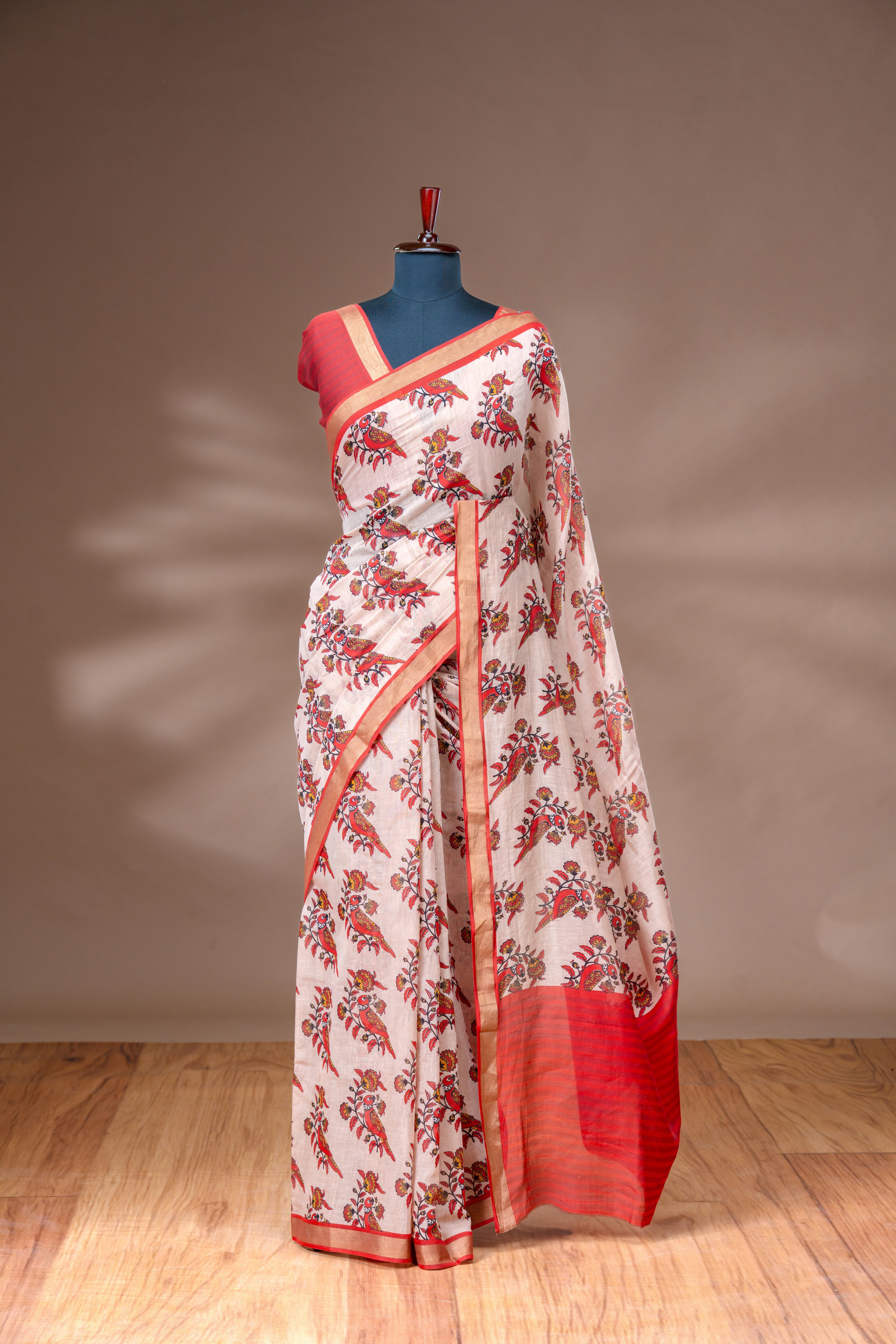 Light Dusty Rose & Fiery Red Orange Cotton Saree